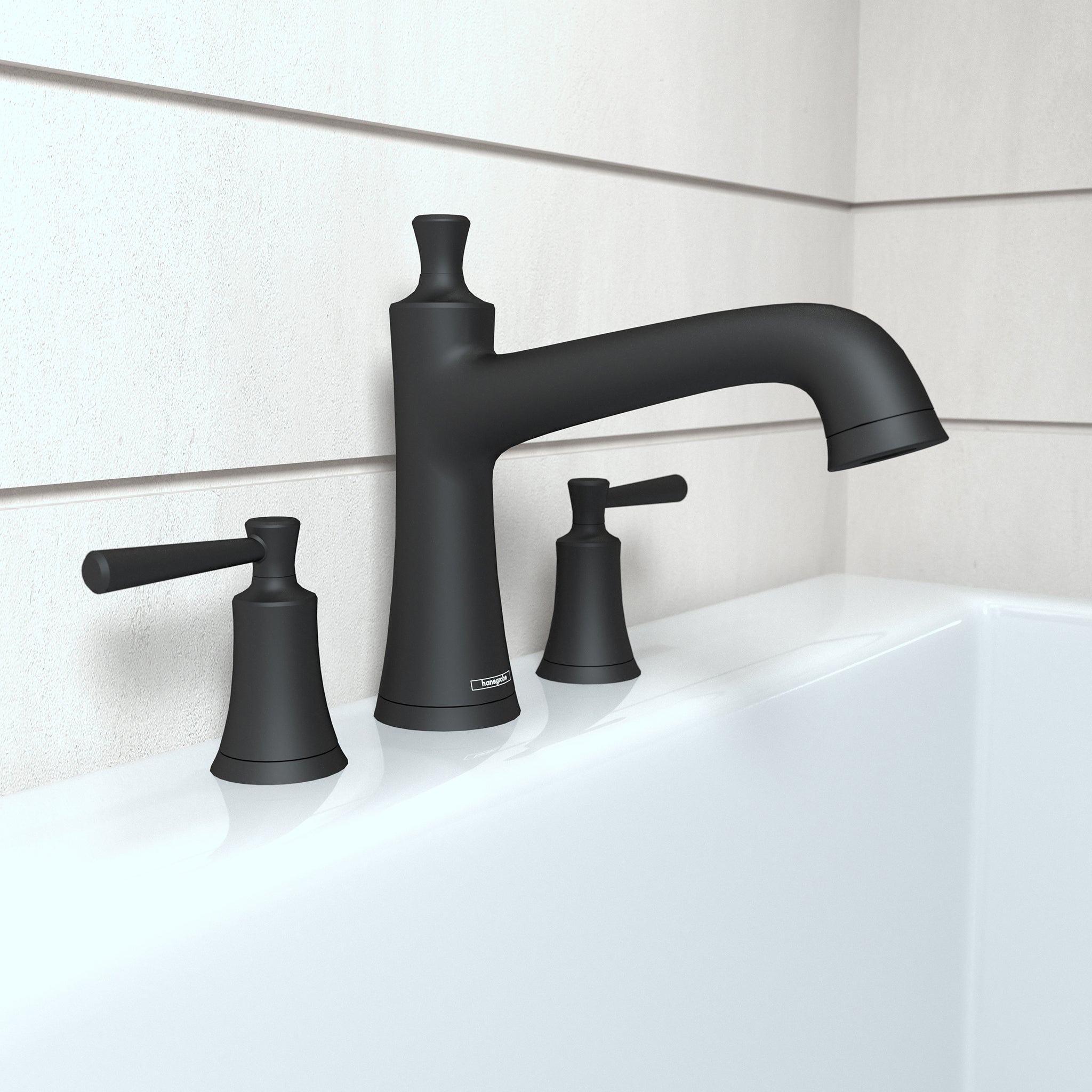 Matte black three-hole roman tub faucet set with curved spout and lever handles mounted on white bathtub rim.
