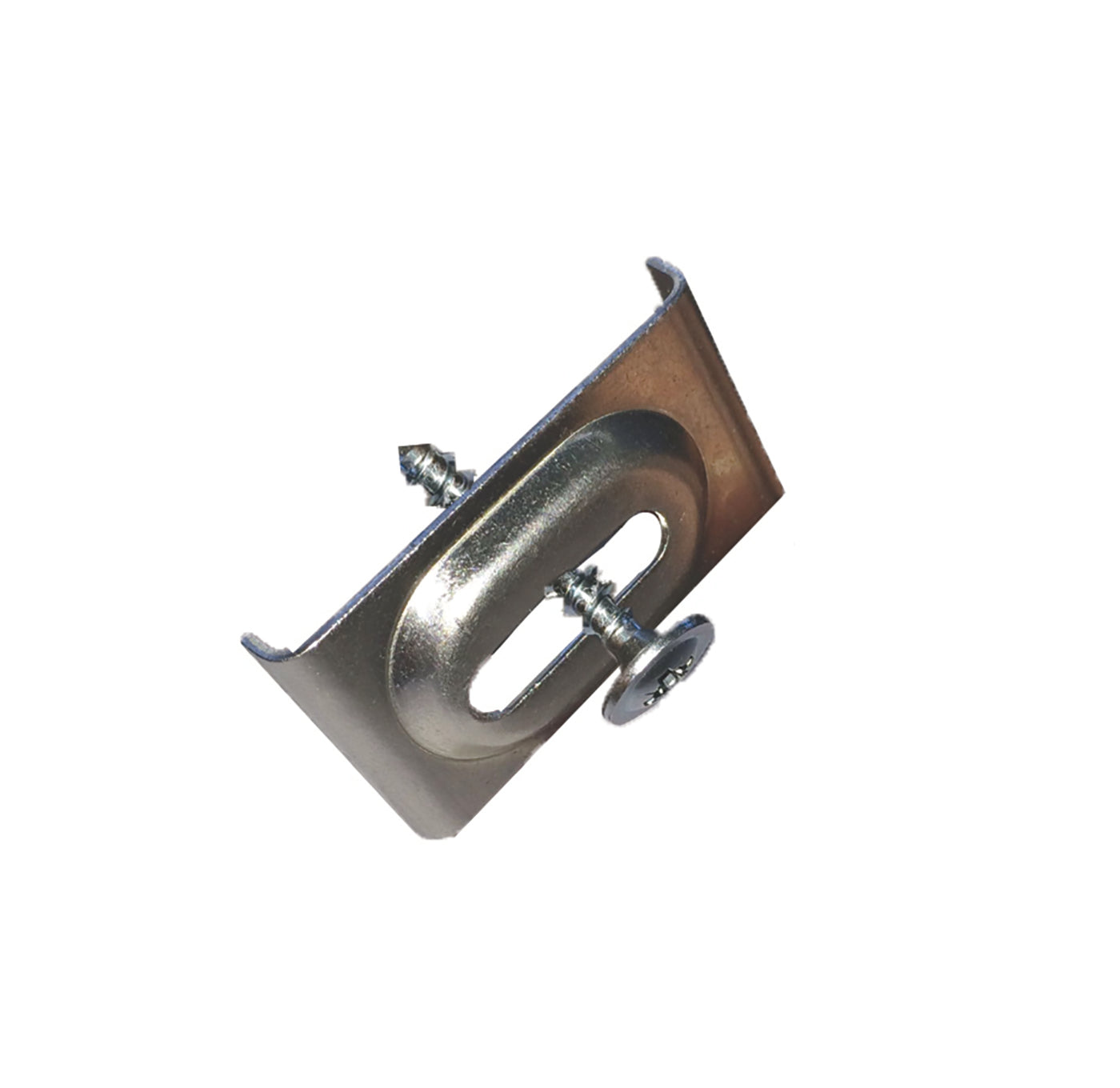 Stainless steel sink installation clip with metal bracket and adjustment screws.