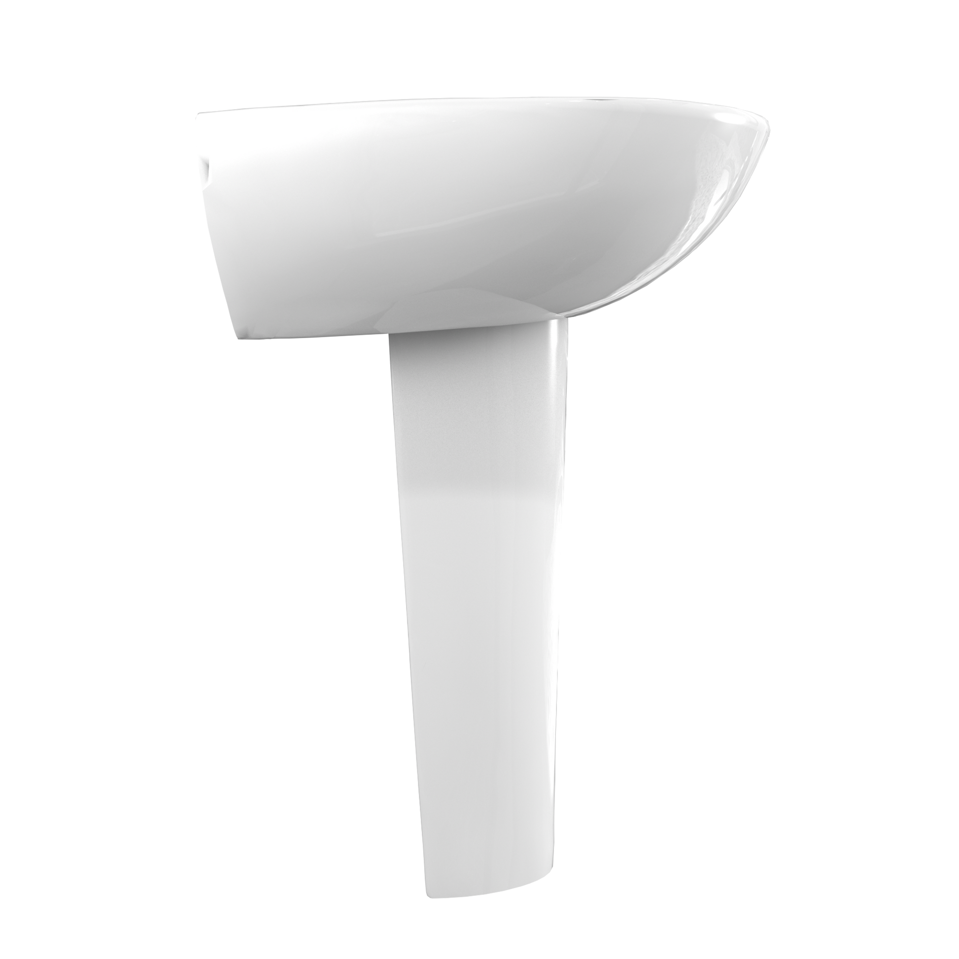 White oval pedestal sink with single faucet hole and cylindrical support column.