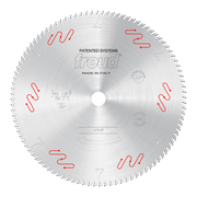 Circular saw blade with carbide-tipped teeth around edge, white center hole, red wavy markings, and Freud branding on silver 