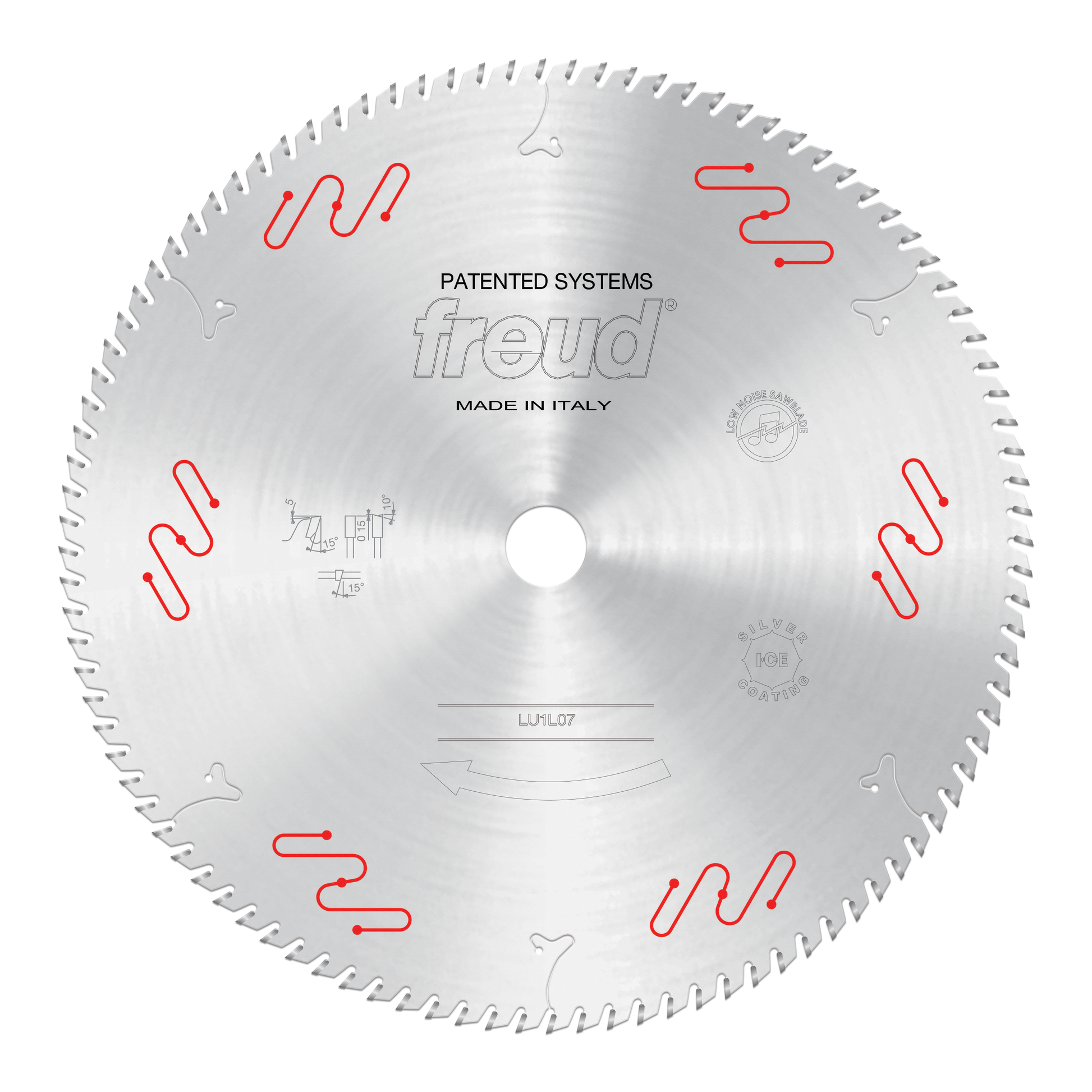 Circular saw blade with carbide-tipped teeth around edge, white center hole, red wavy markings, and Freud branding on silver 