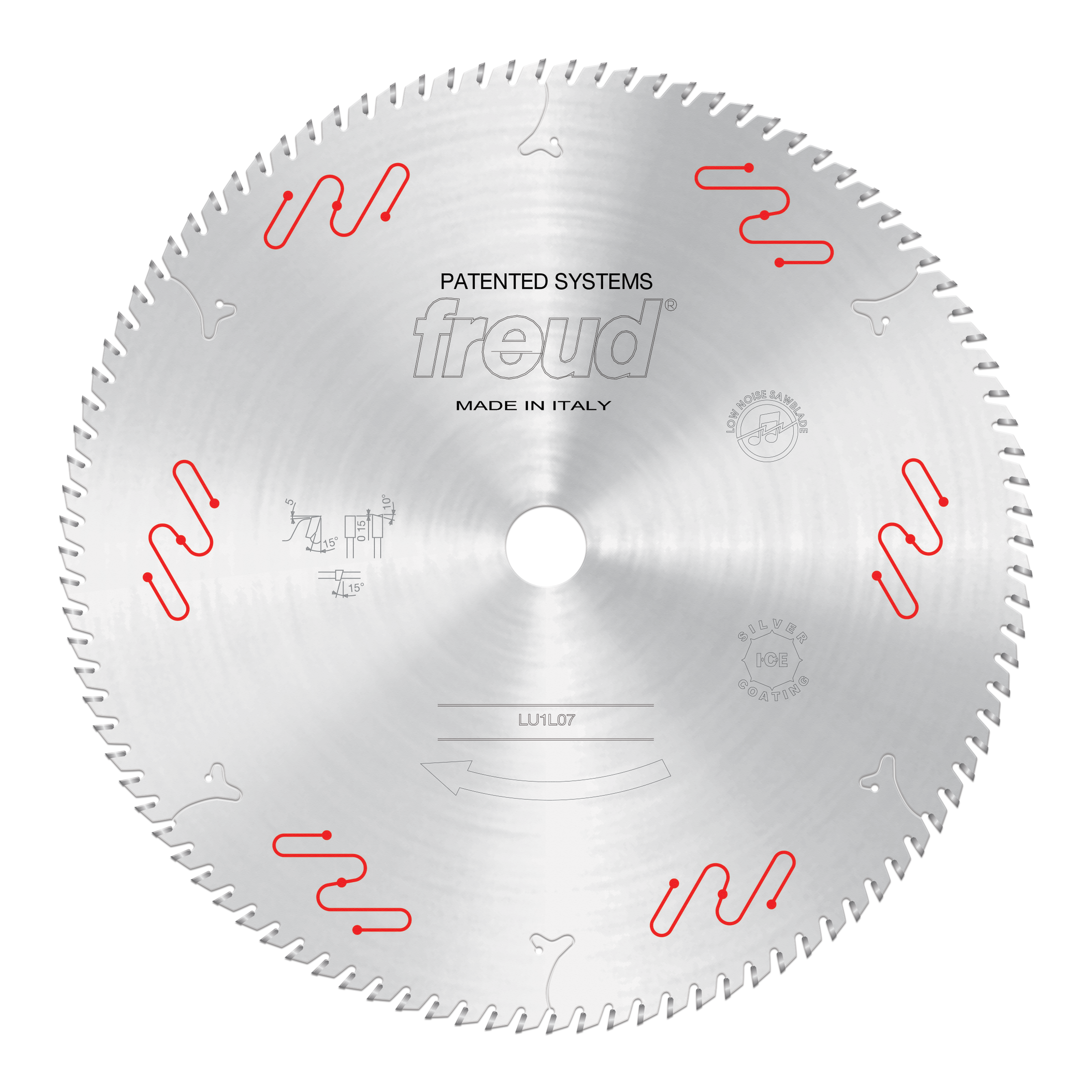 Circular saw blade with carbide-tipped teeth around edge, white center hole, red wavy markings, and Freud branding on silver 