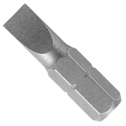Single slotted drive bit with flat blade tip and hexagonal shank on white background.