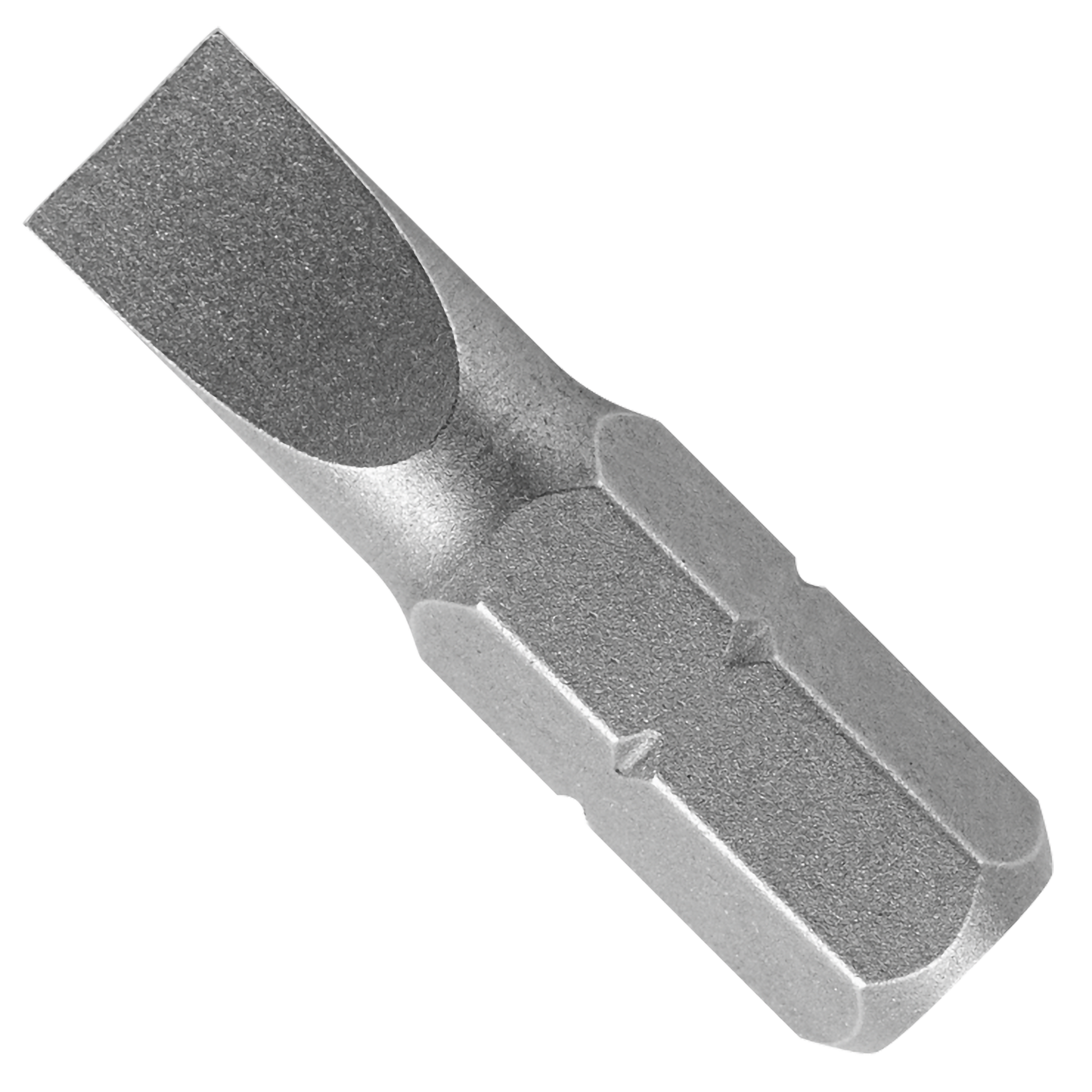 Single slotted drive bit with flat blade tip and hexagonal shank on white background.