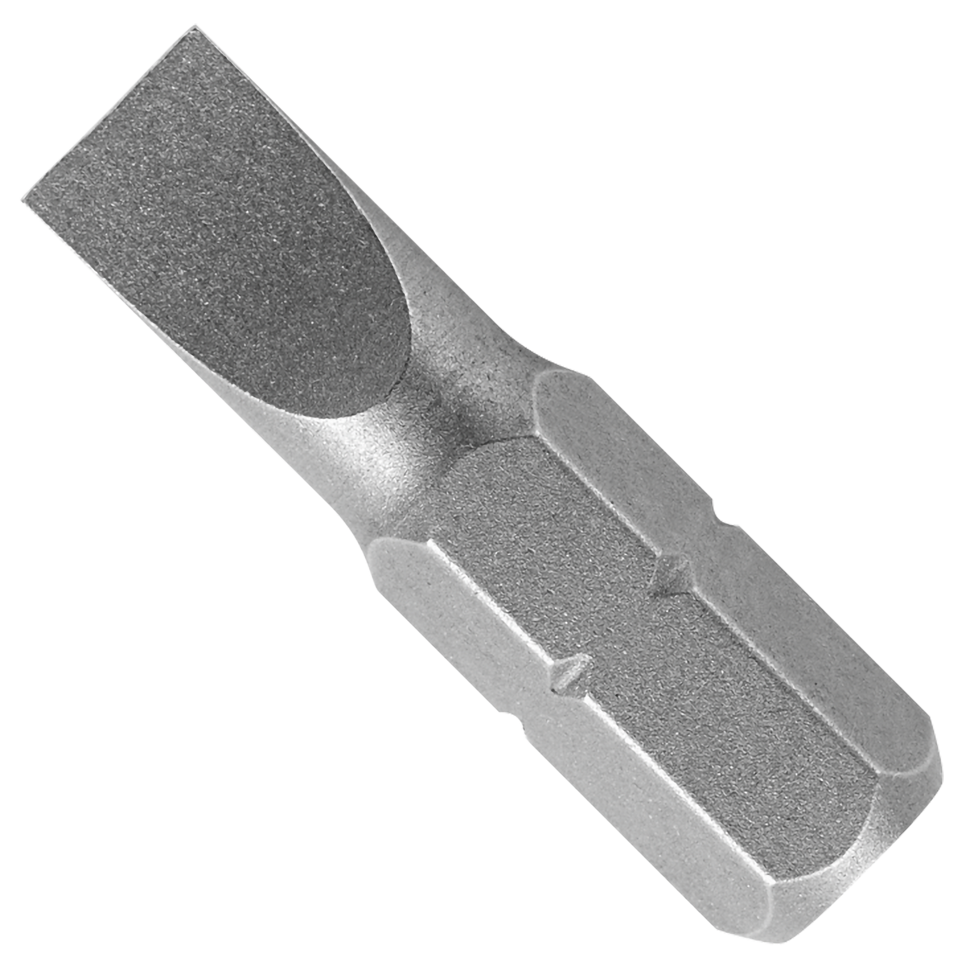 Single slotted drive bit with flat blade tip and hexagonal shank on white background.