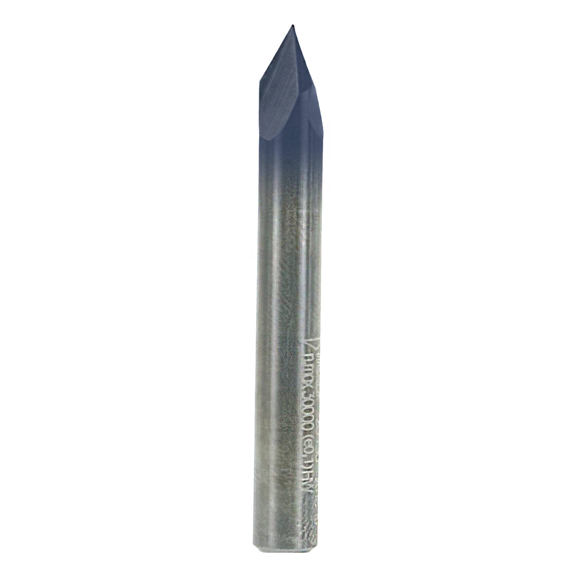 V-shaped router bit with pointed tip and metallic shaft, 1/4" diameter, 60" length.