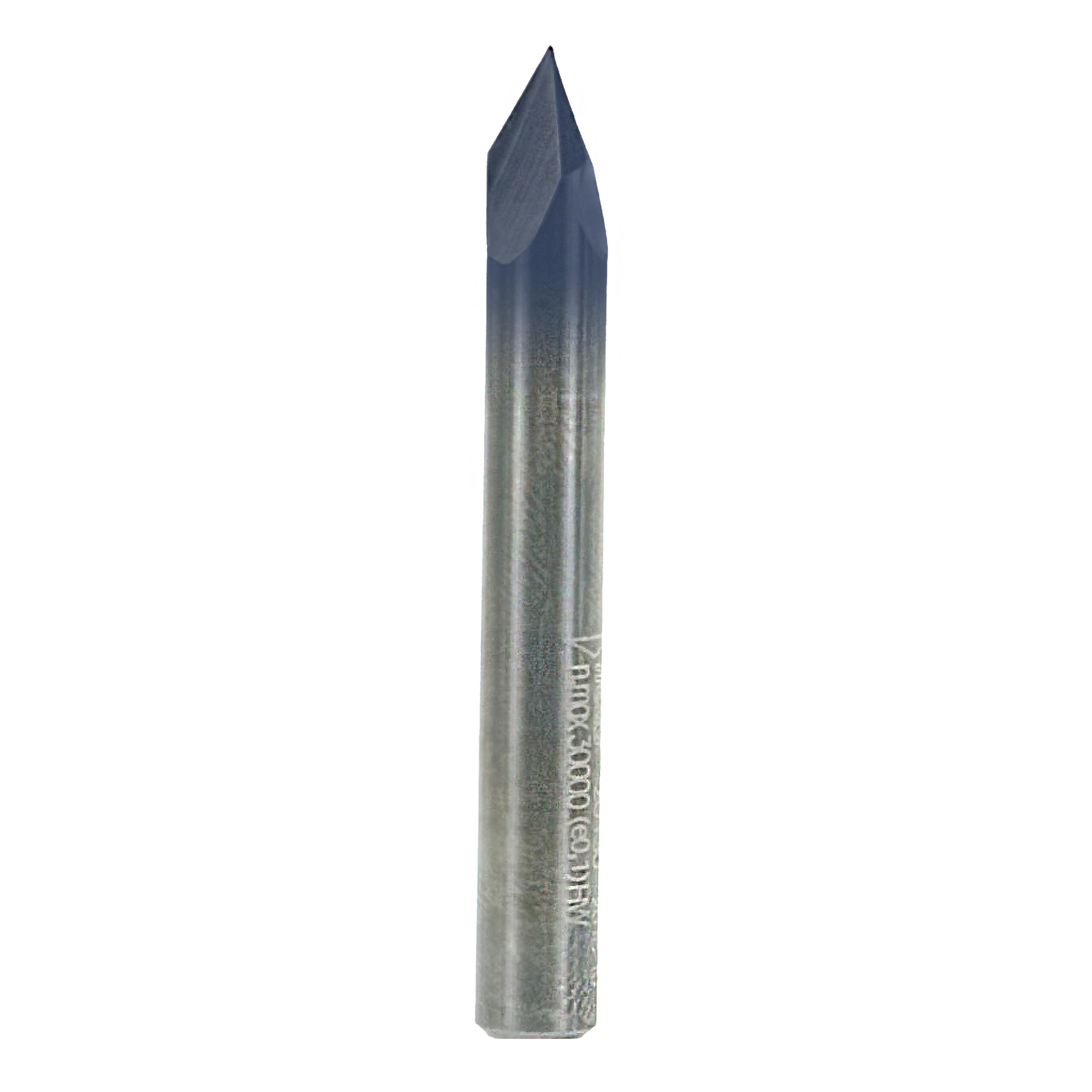 V-shaped router bit with pointed tip and metallic shaft, 1/4" diameter, 60" length.
