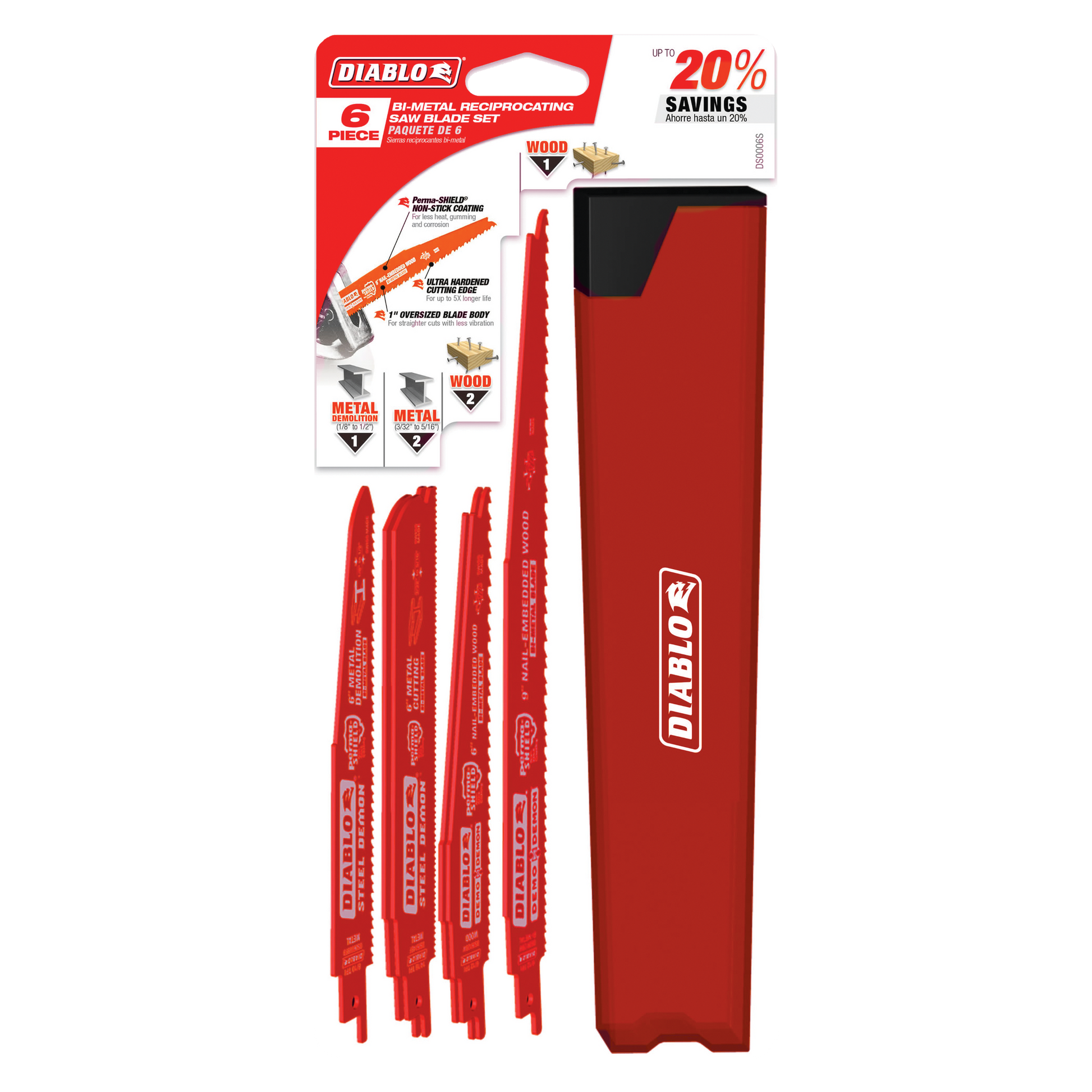 Six red Diablo reciprocating saw blades with packaging box, designed for wood and metal cutting.