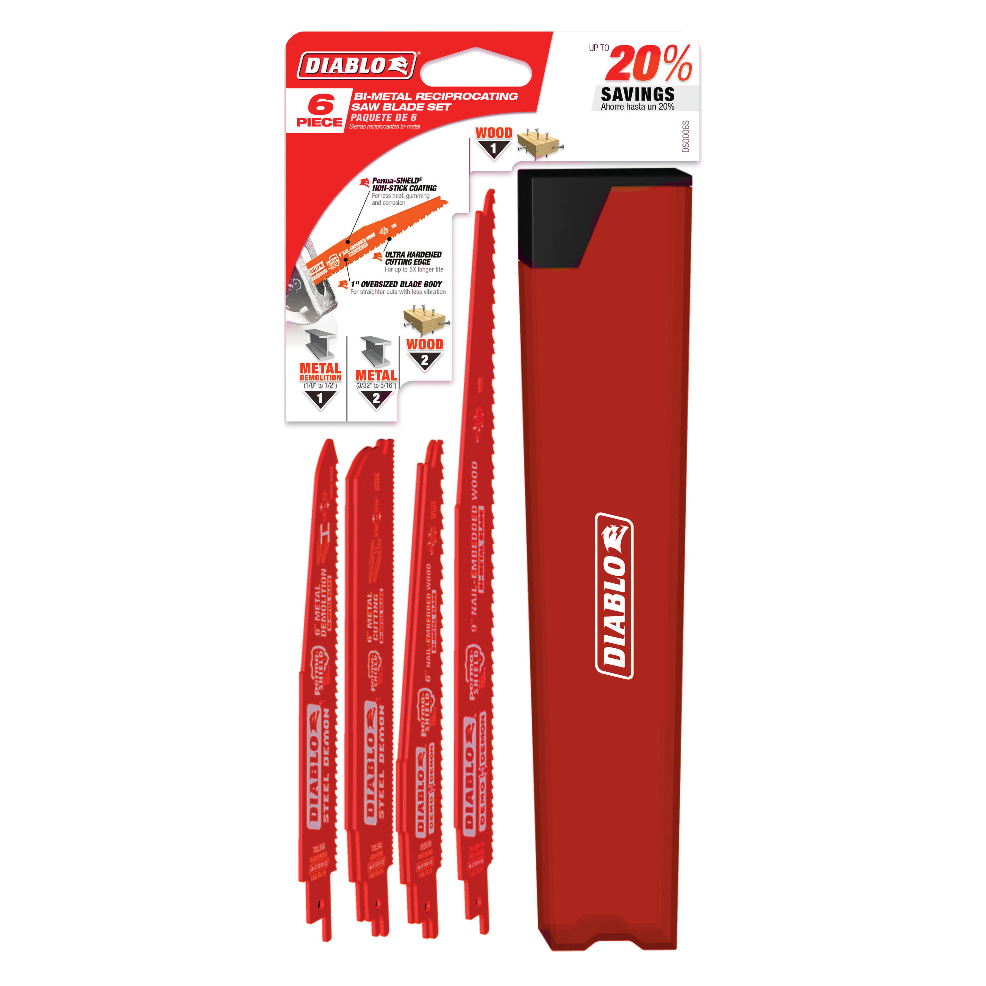 Six red Diablo reciprocating saw blades with packaging box, designed for wood and metal cutting.