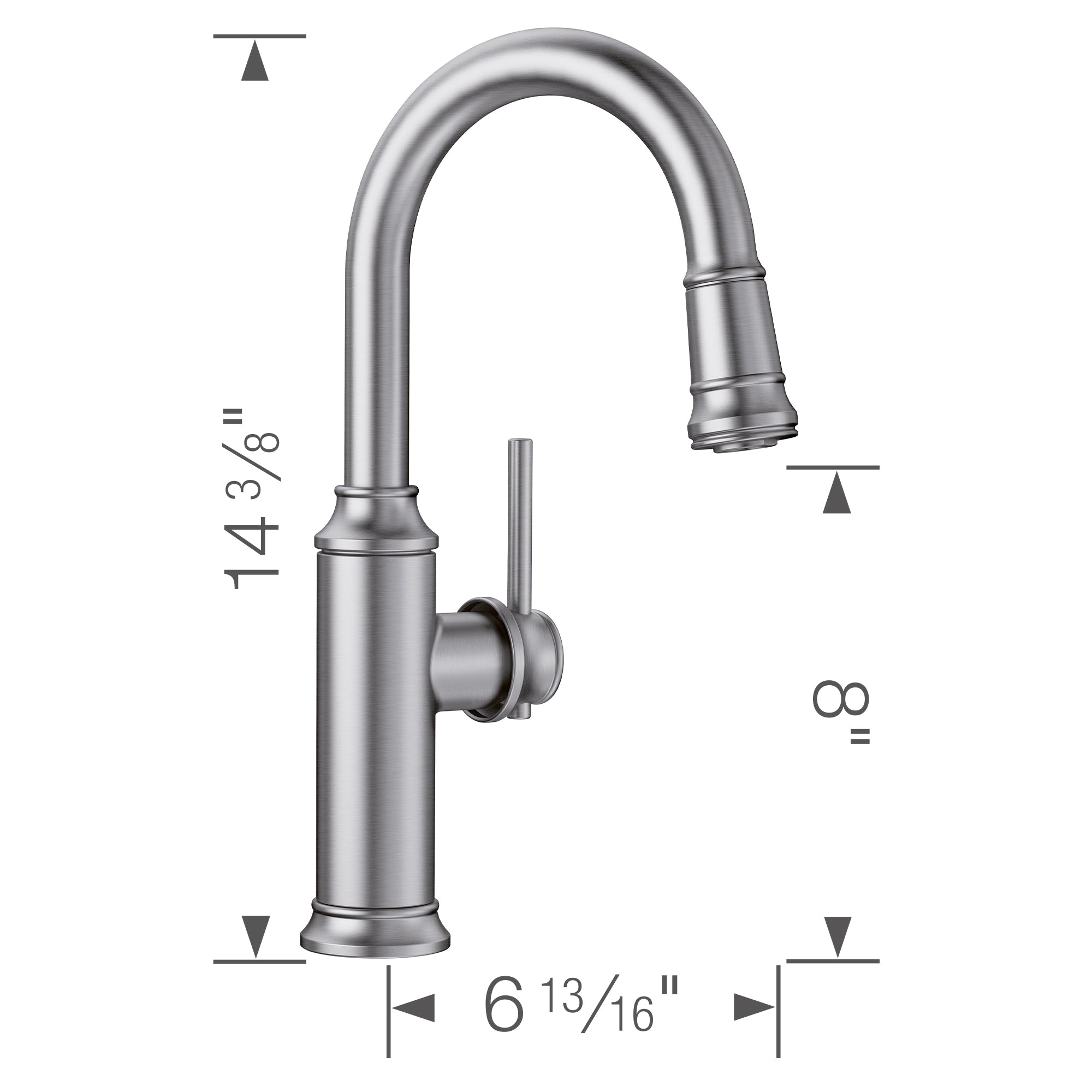 Stainless steel pull-down bar faucet with curved spout and single lever handle shown from front view with dimensions.