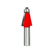 Silver and red chamfer router bit with metal shank and conical cutting head.