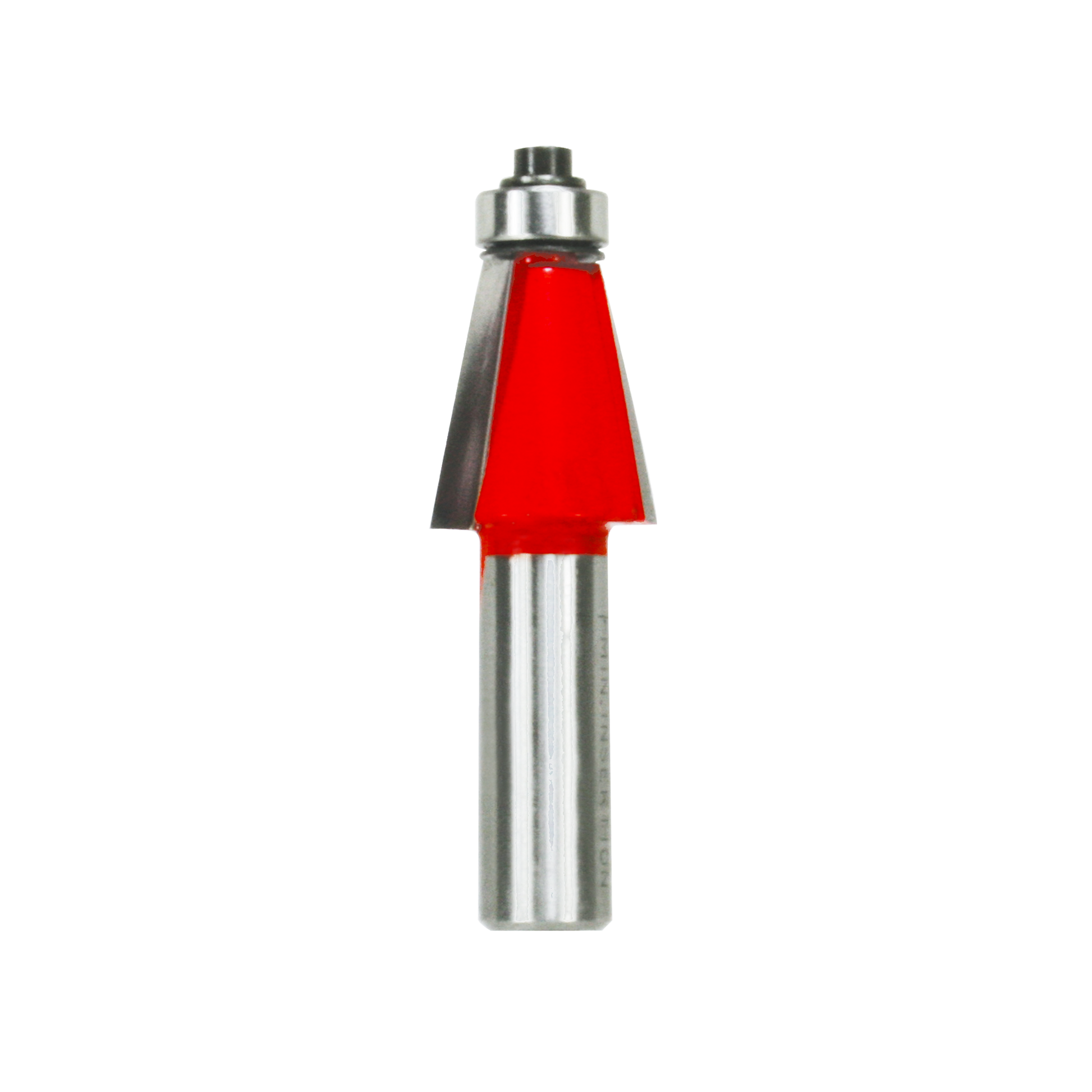 Silver and red chamfer router bit with metal shank and conical cutting head.