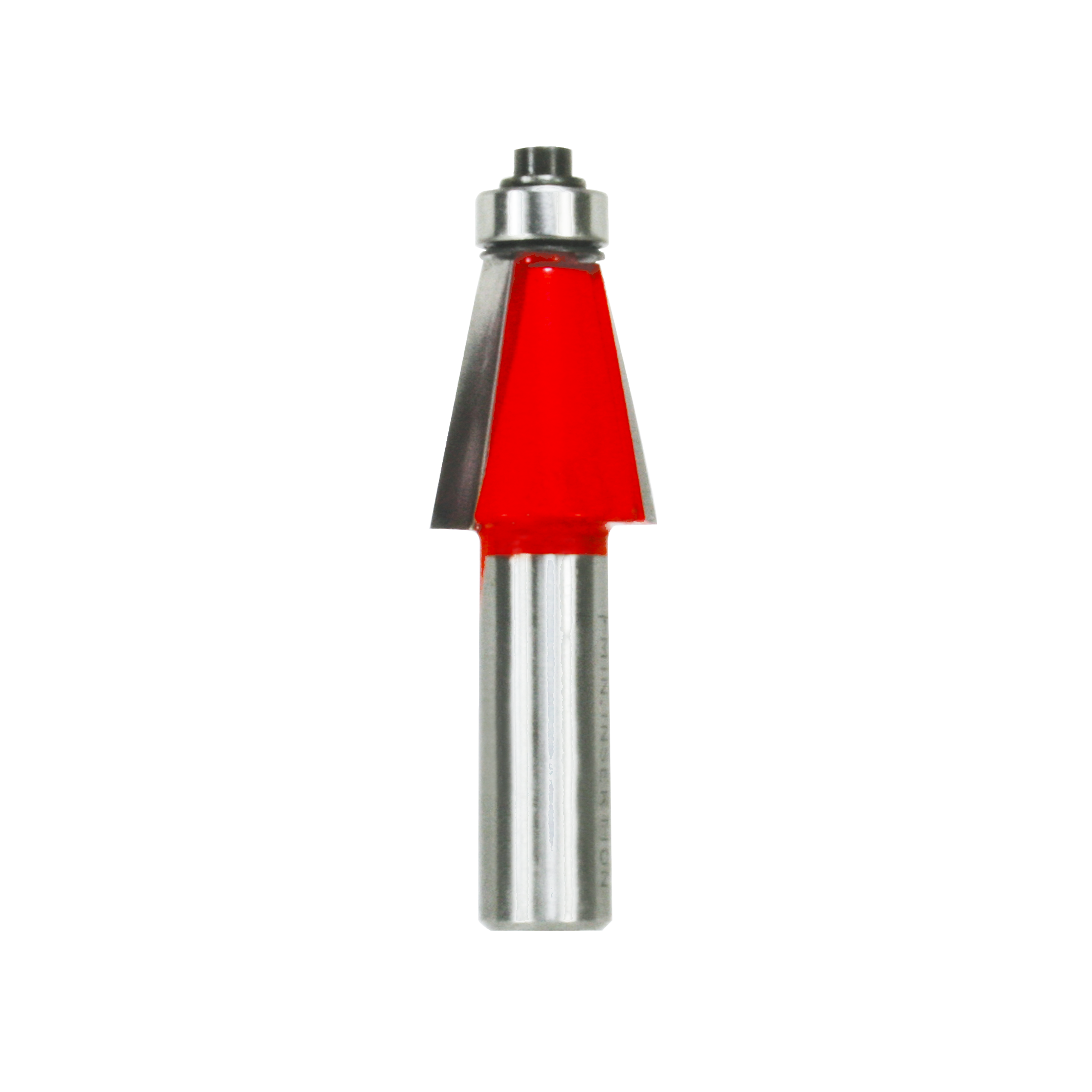 Silver and red chamfer router bit with metal shank and conical cutting head.