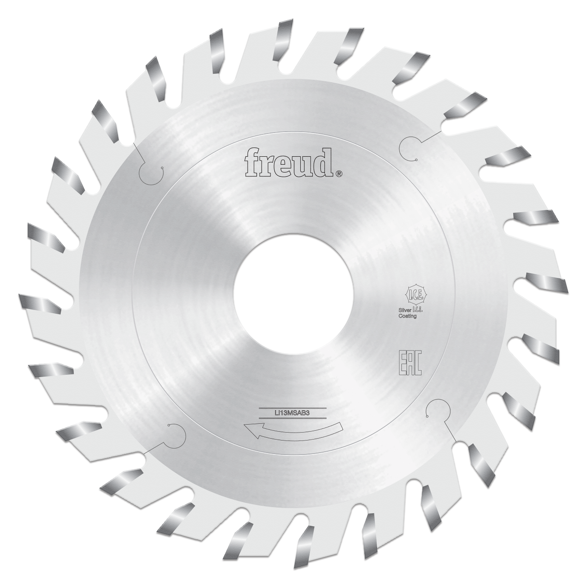 Circular saw blade with beveled scoring teeth arranged around perimeter, silver-coated steel with center arbor hole and Freud
