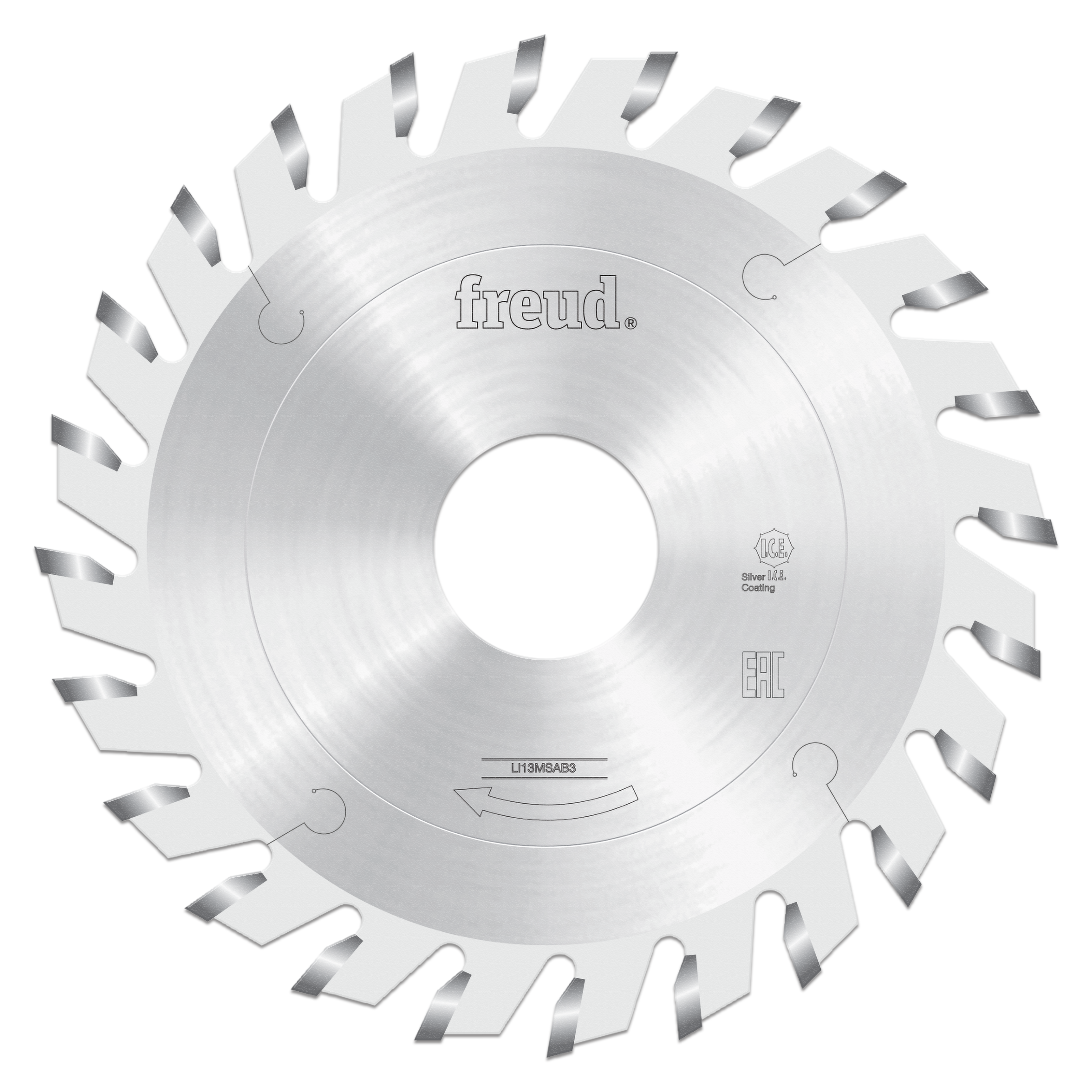 Circular saw blade with beveled scoring teeth arranged around perimeter, silver-coated steel with center arbor hole and Freud