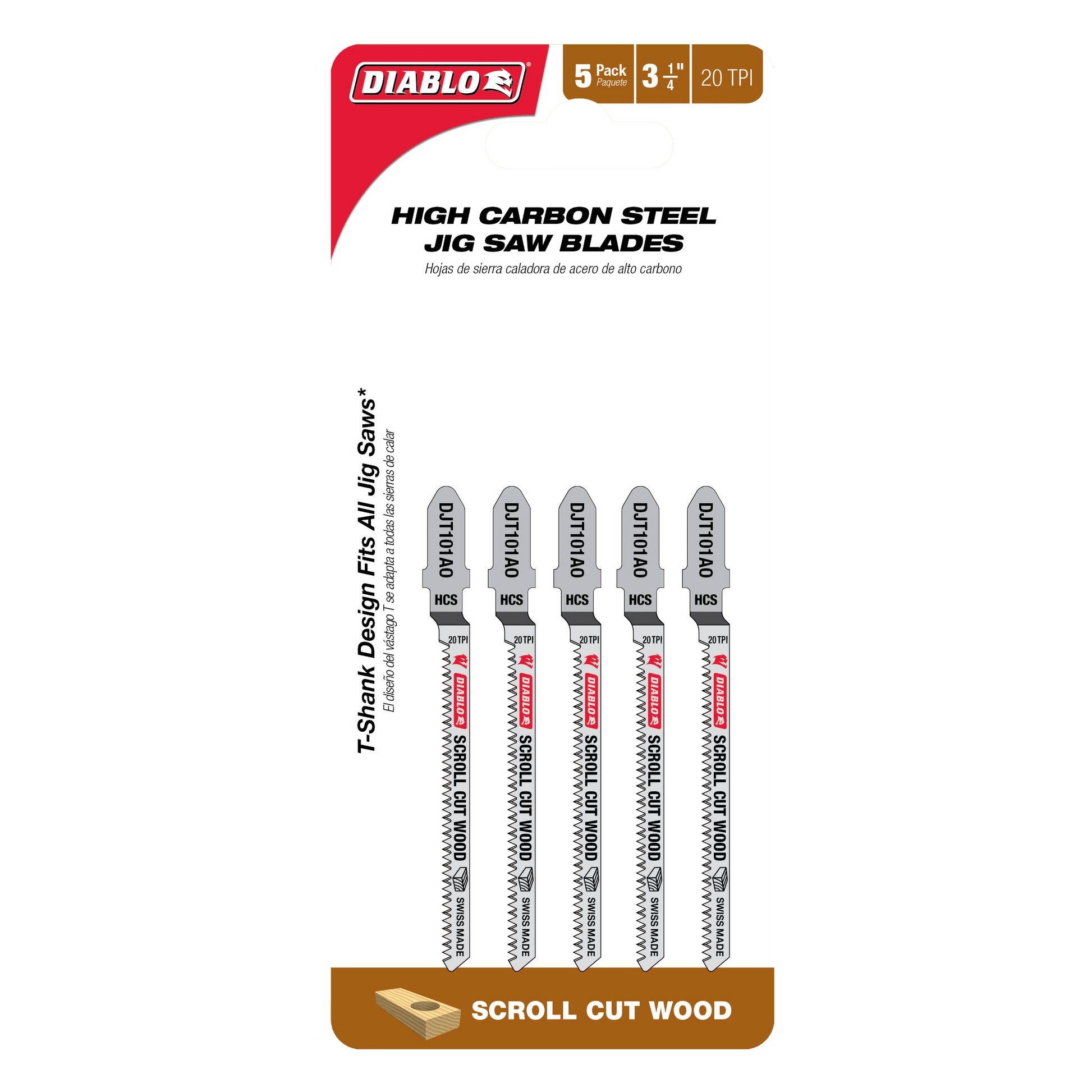 Five Diablo high carbon steel T-shank jig saw blades, 3-1/4 inches long with 20 TPI teeth.