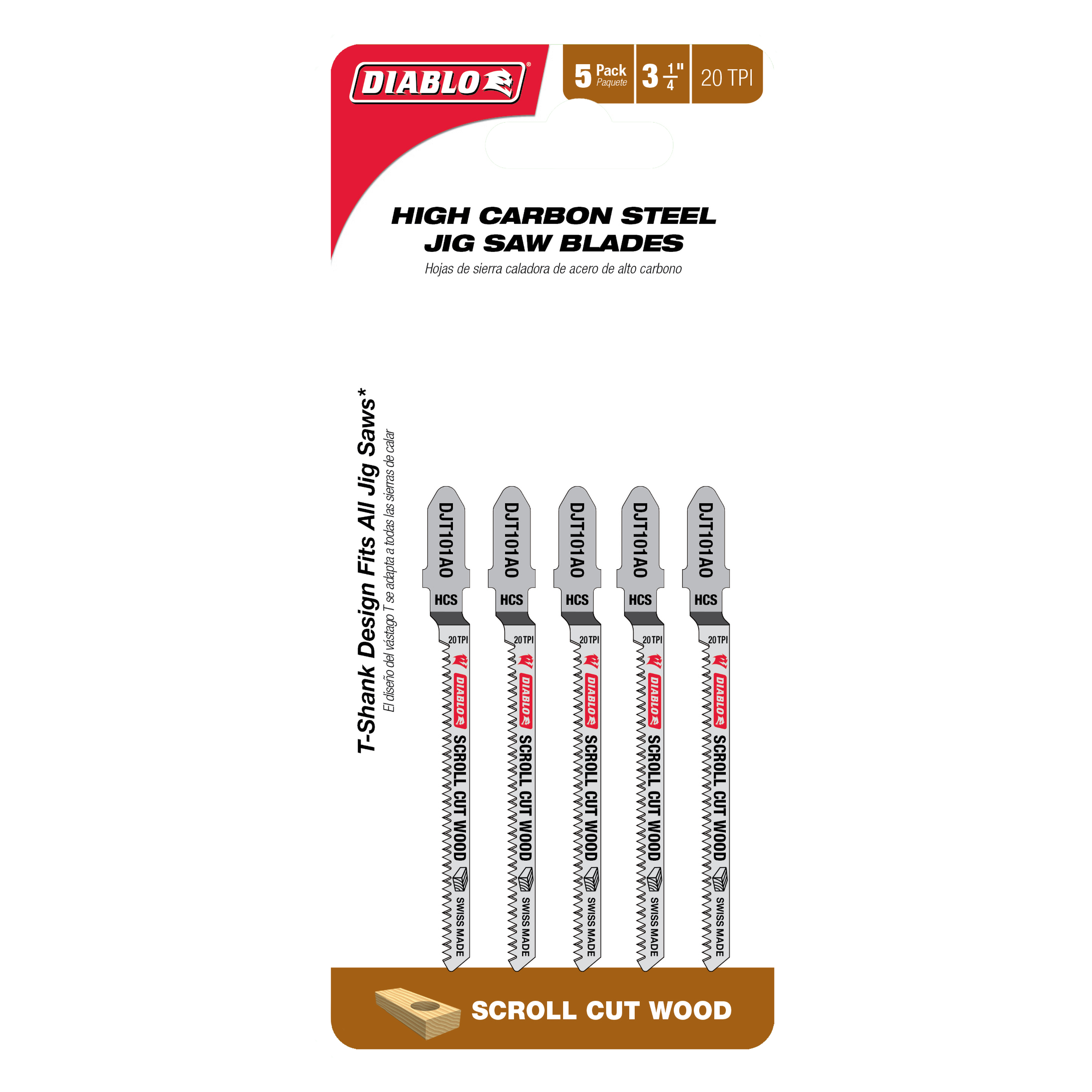 Five Diablo high carbon steel T-shank jig saw blades, 3-1/4 inches long with 20 TPI teeth.