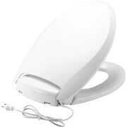 White elongated plastic toilet seat with integrated bidet function and attached power cord.