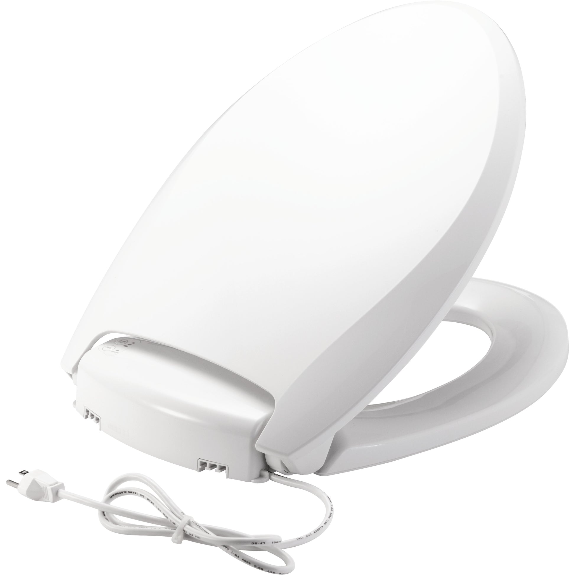 White elongated plastic toilet seat with integrated bidet function and attached power cord.