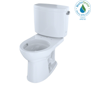 White two-piece round toilet with tank, open bowl, and right-hand lever on white background.