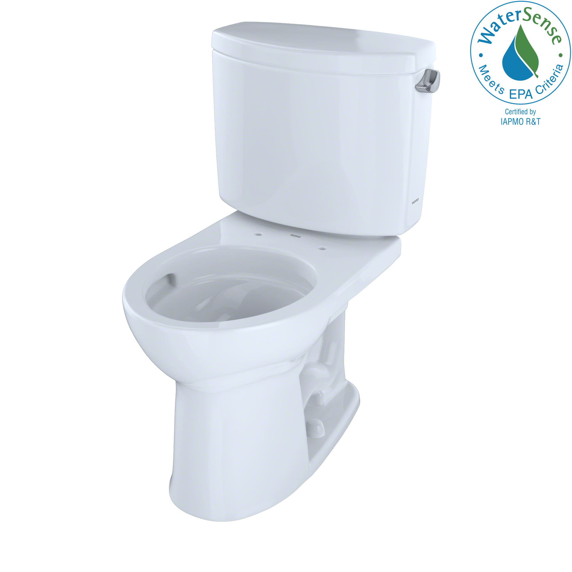 White two-piece round toilet with tank, open bowl, and right-hand lever on white background.