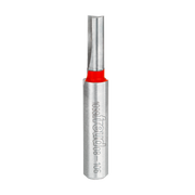 Silver router bit with red band and two flutes, straight cutting edge on cylindrical shank.