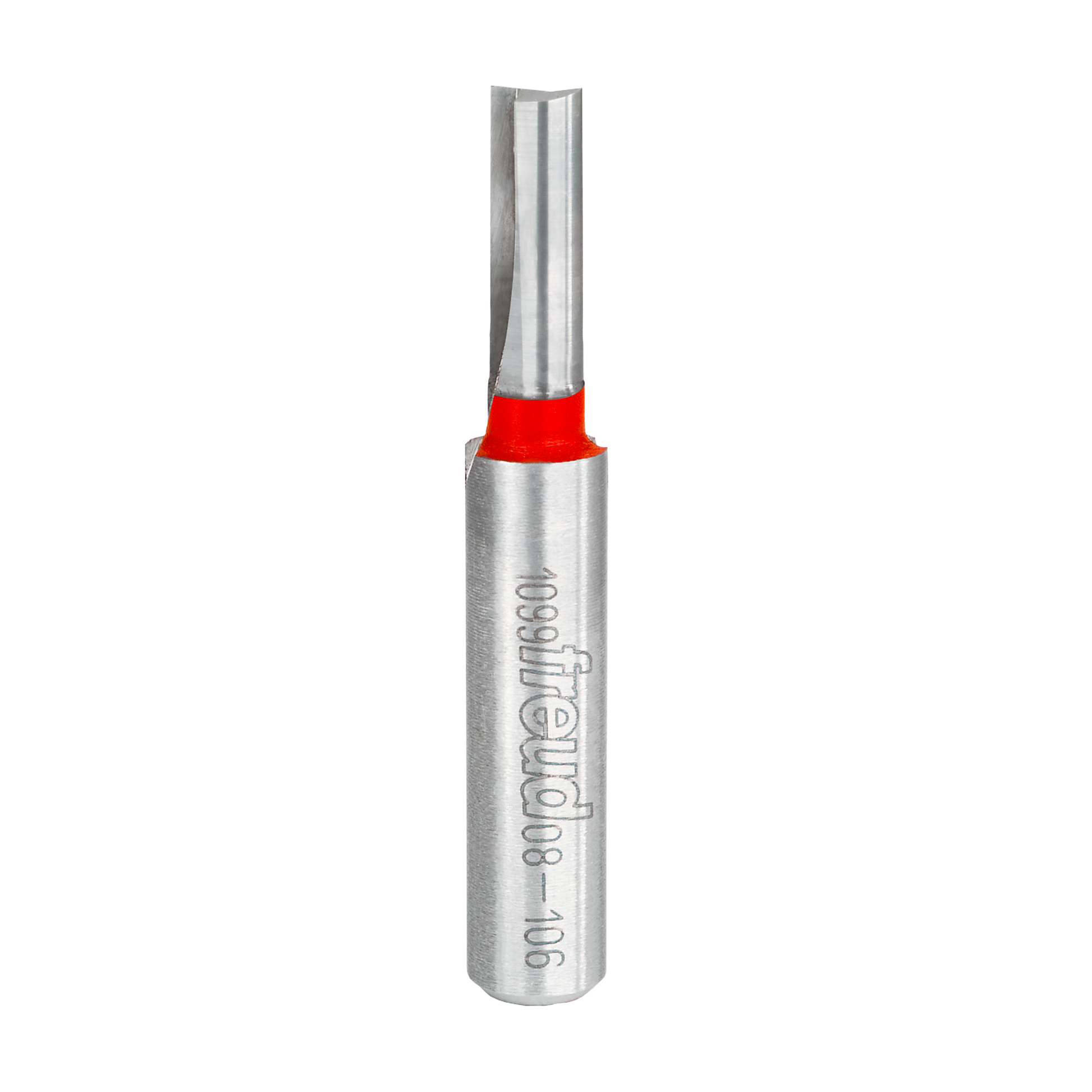 Silver router bit with red band and two flutes, straight cutting edge on cylindrical shank.