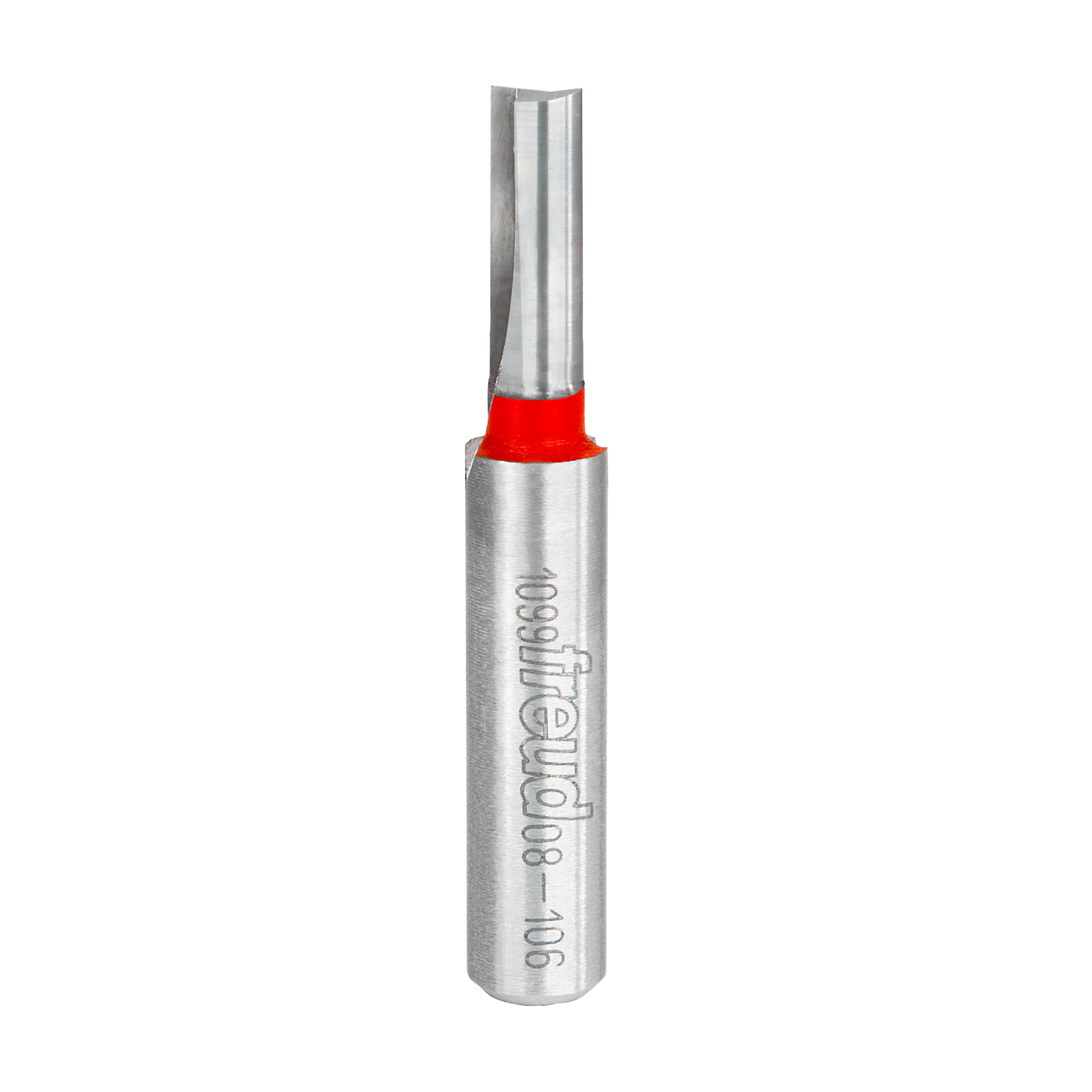 Silver router bit with red band and two flutes, straight cutting edge on cylindrical shank.