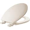 Biscuit-colored round molded wood toilet seat with soft-close hinges and mounting hardware.