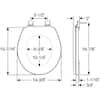 Biscuit-colored round wooden toilet seat with molded design and mounting hardware dimensions shown.