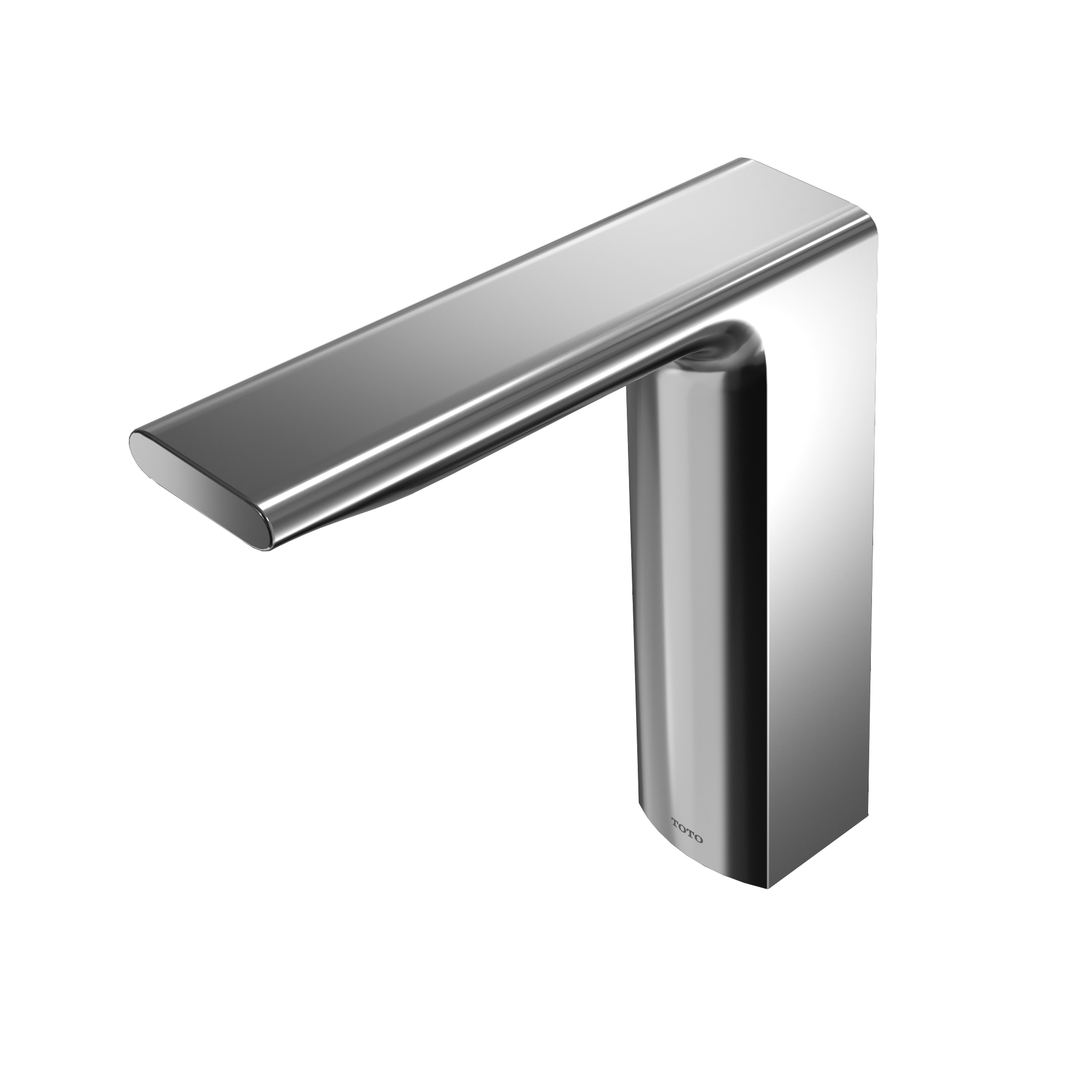 Polished chrome touchless bathroom faucet with rectangular spout and tall cylindrical base.