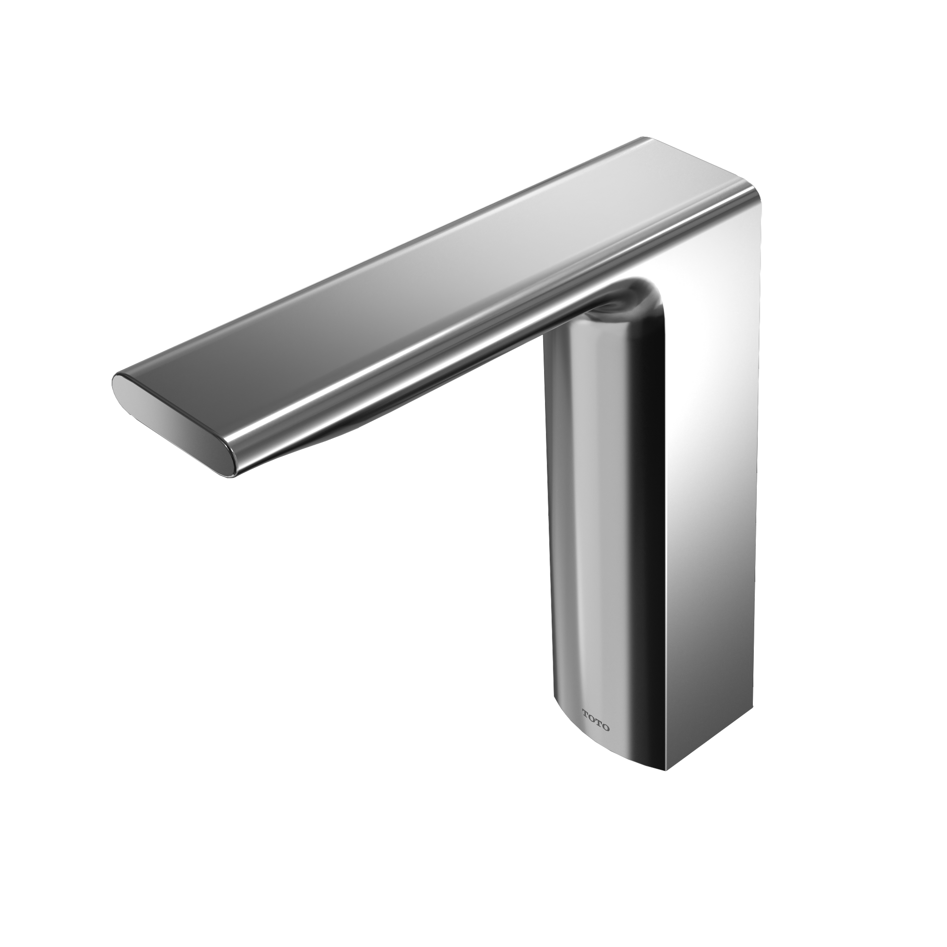 Polished chrome touchless bathroom faucet with rectangular spout and tall vertical base.