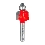 Red cove router bit with 3/16" radius, metal shank, and ball bearing guide on white background.