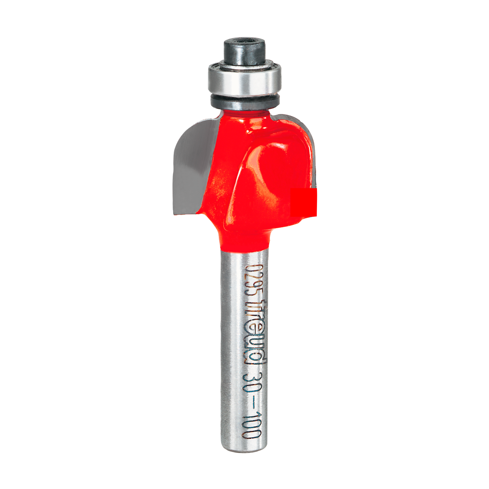Red cove router bit with 3/16" radius, metal shank, and ball bearing guide on white background.