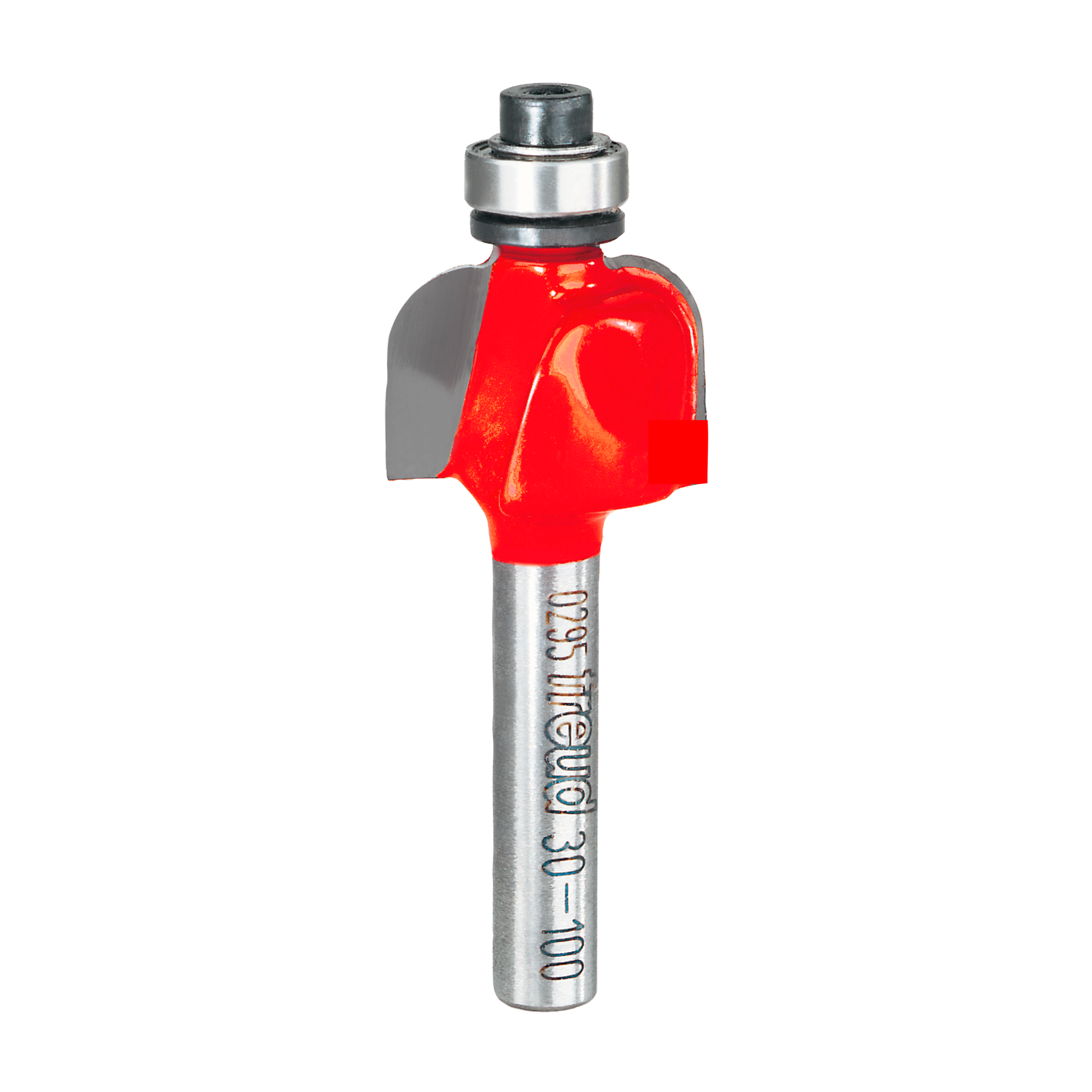 Red cove router bit with 3/16" radius, metal shank, and ball bearing guide on white background.