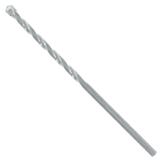 Silver carbide tipped masonry drill bit with fluted shaft and pointed tip.