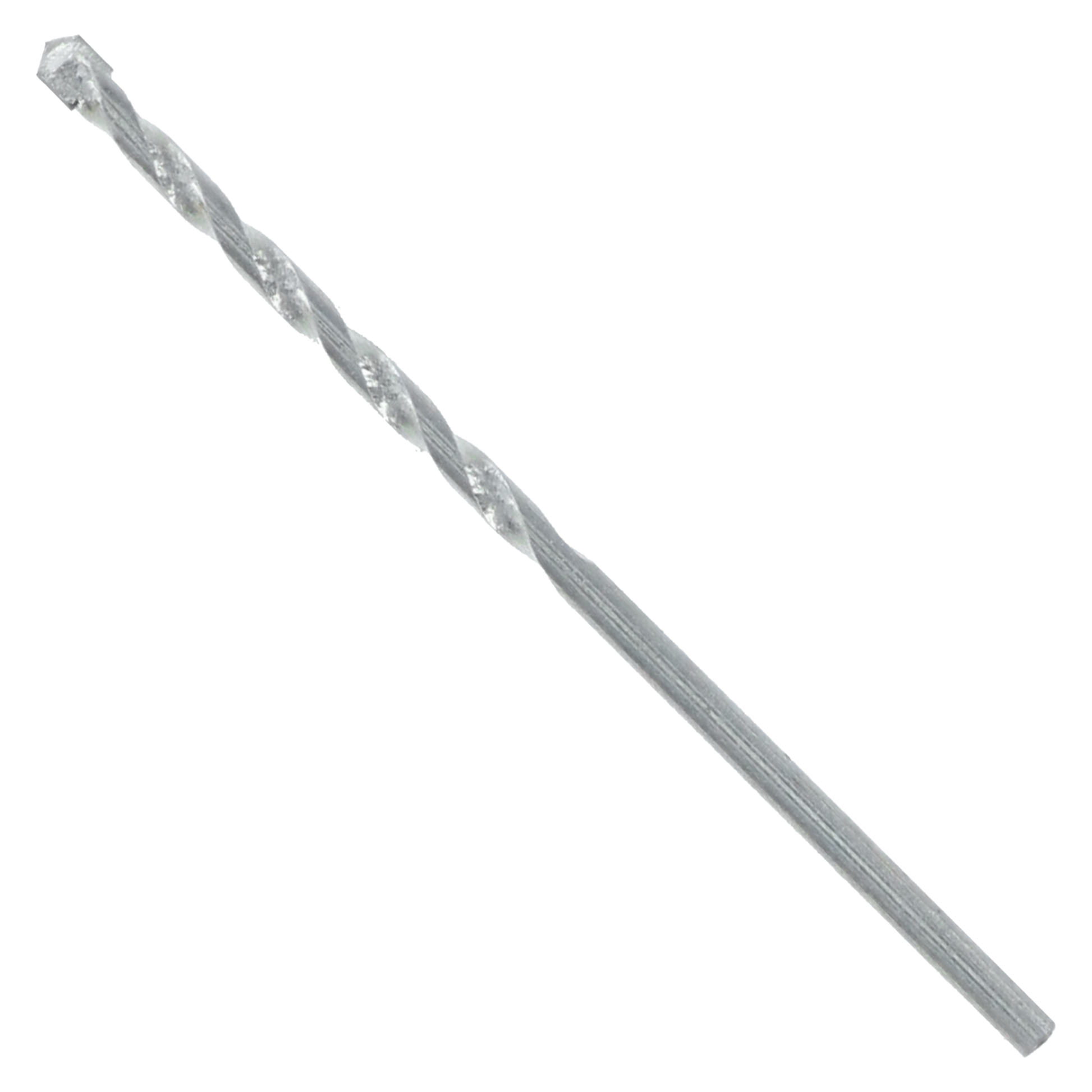 Silver carbide tipped masonry drill bit with fluted shaft and pointed tip.