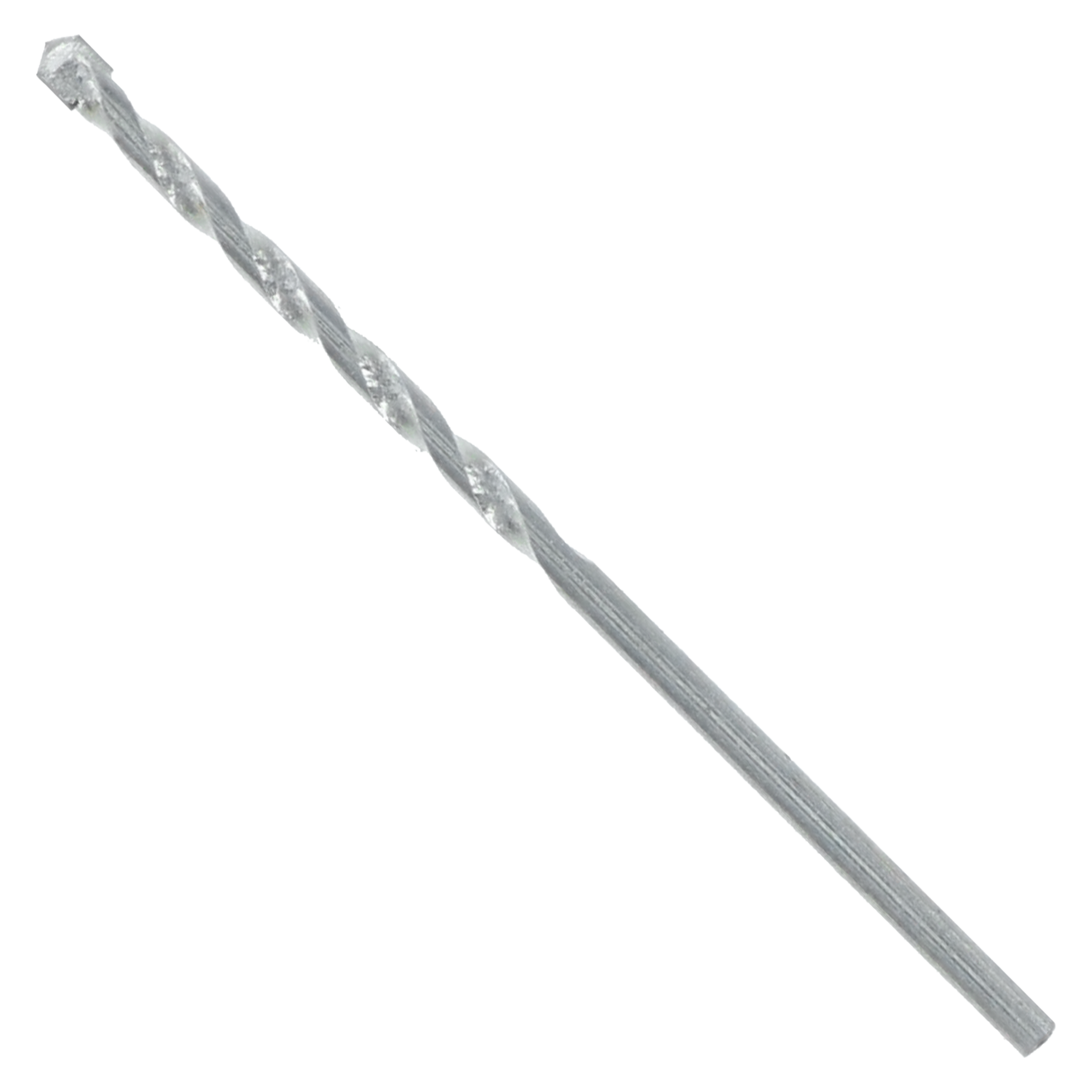 Silver carbide tipped masonry drill bit with fluted shaft and pointed tip.