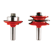 Two router bits with red cutting heads and silver metal shanks, featuring bead profiles for glass door edges.