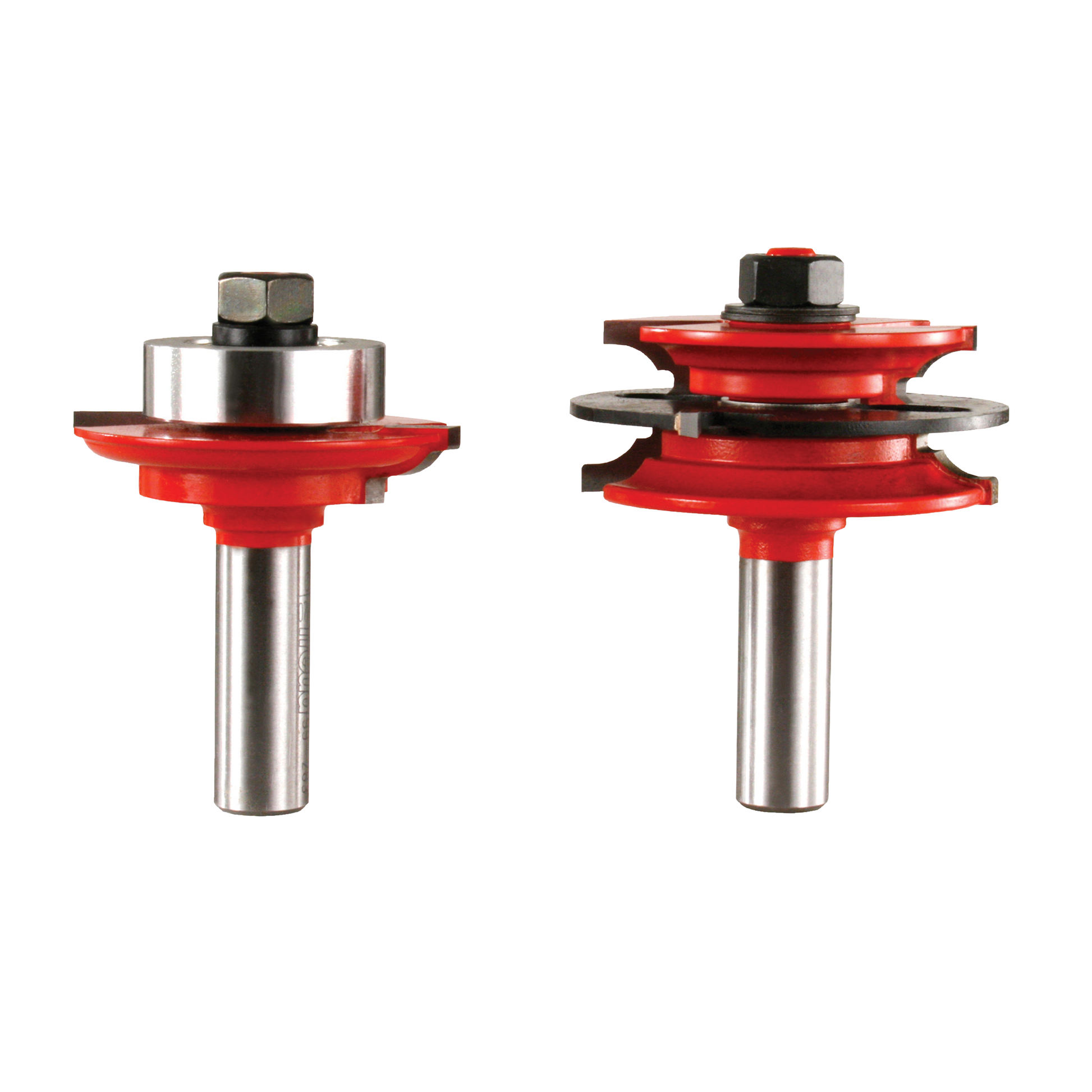 Two router bits with red cutting heads and silver metal shanks, featuring bead profiles for glass door edges.