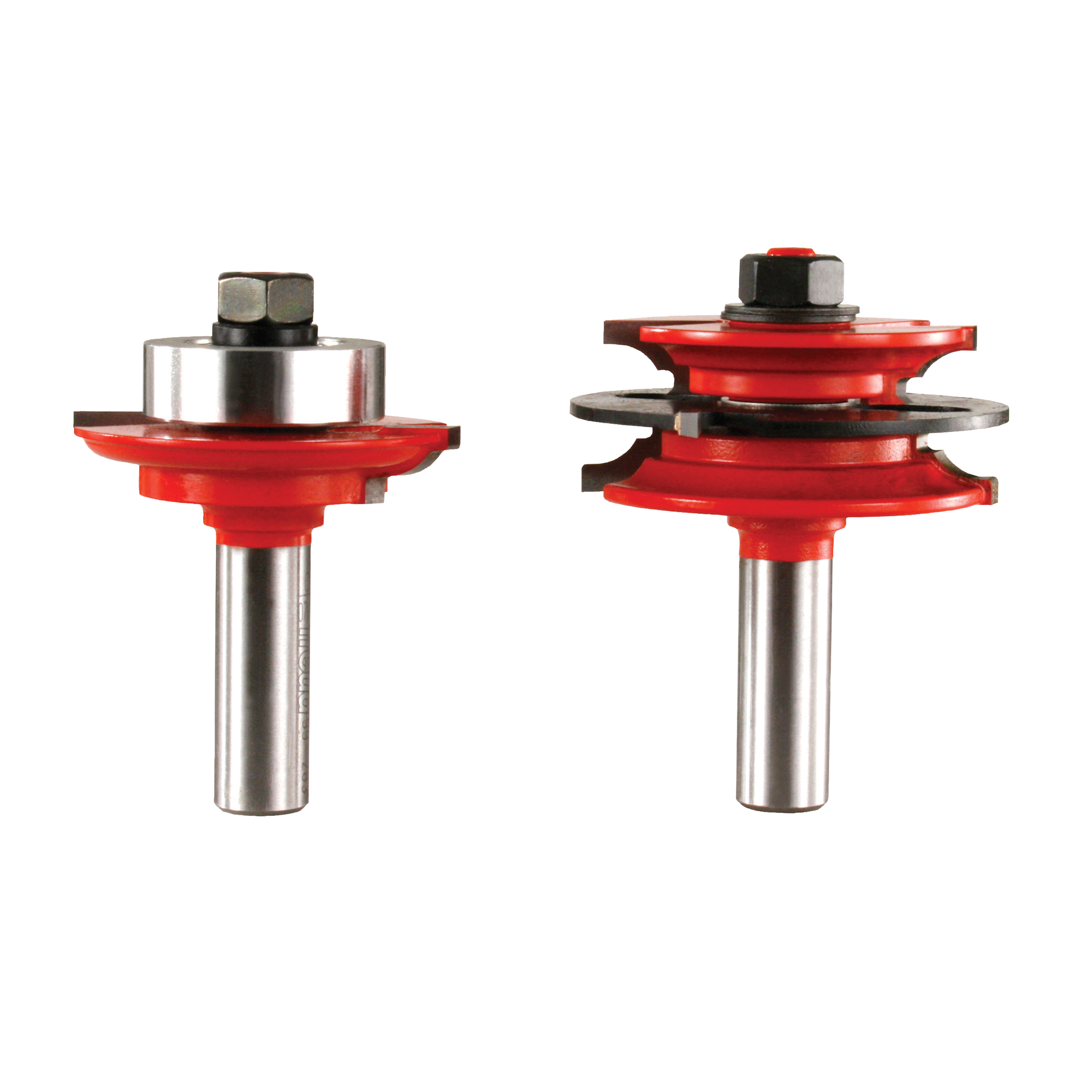 Two router bits with red cutting heads and silver metal shanks, featuring bead profiles for glass door edges.