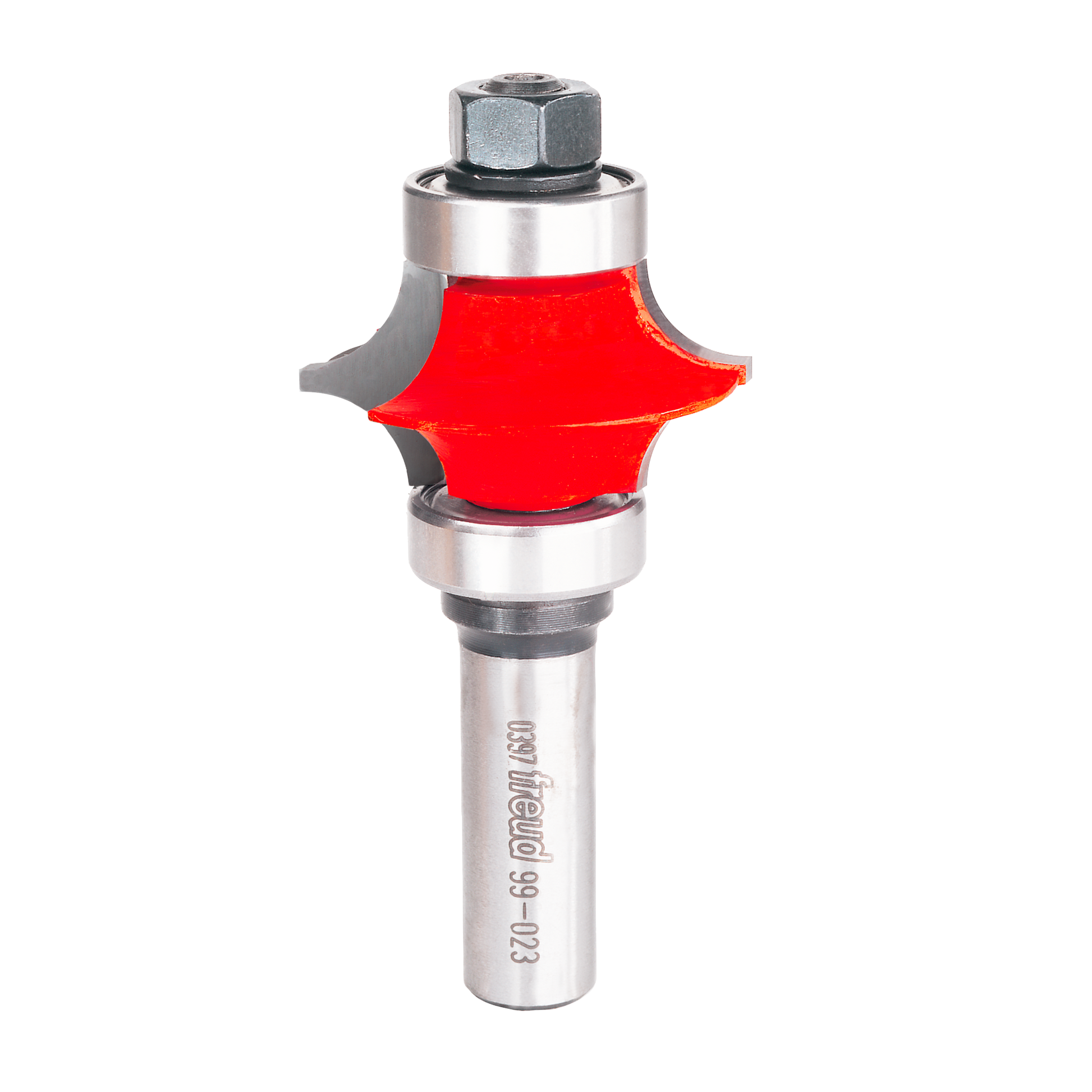 Freud corner beading bit with red cutting head, gray metal shaft, and top mounting nut against white background.