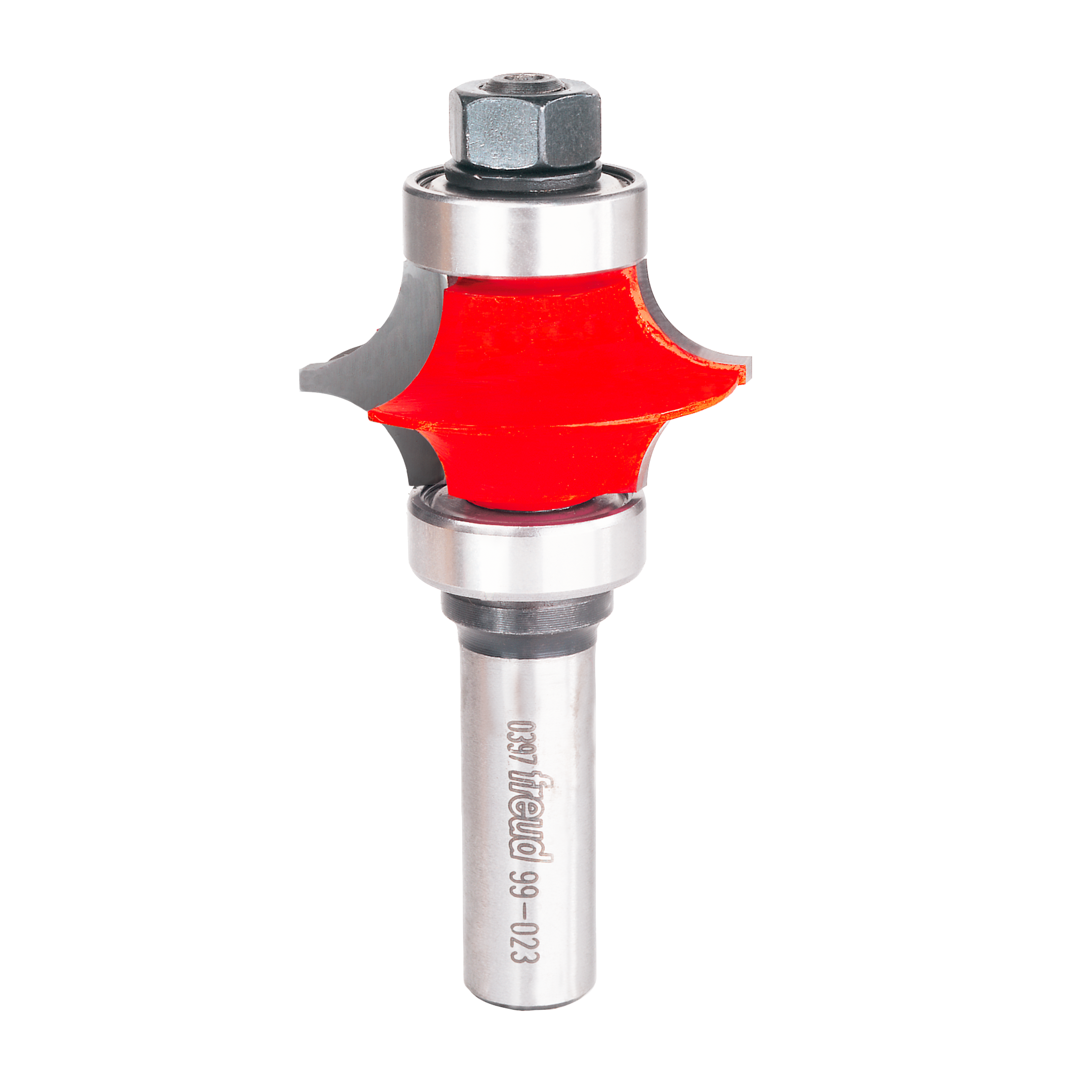 Freud corner beading bit with red cutting head, gray metal shaft, and top mounting nut against white background.