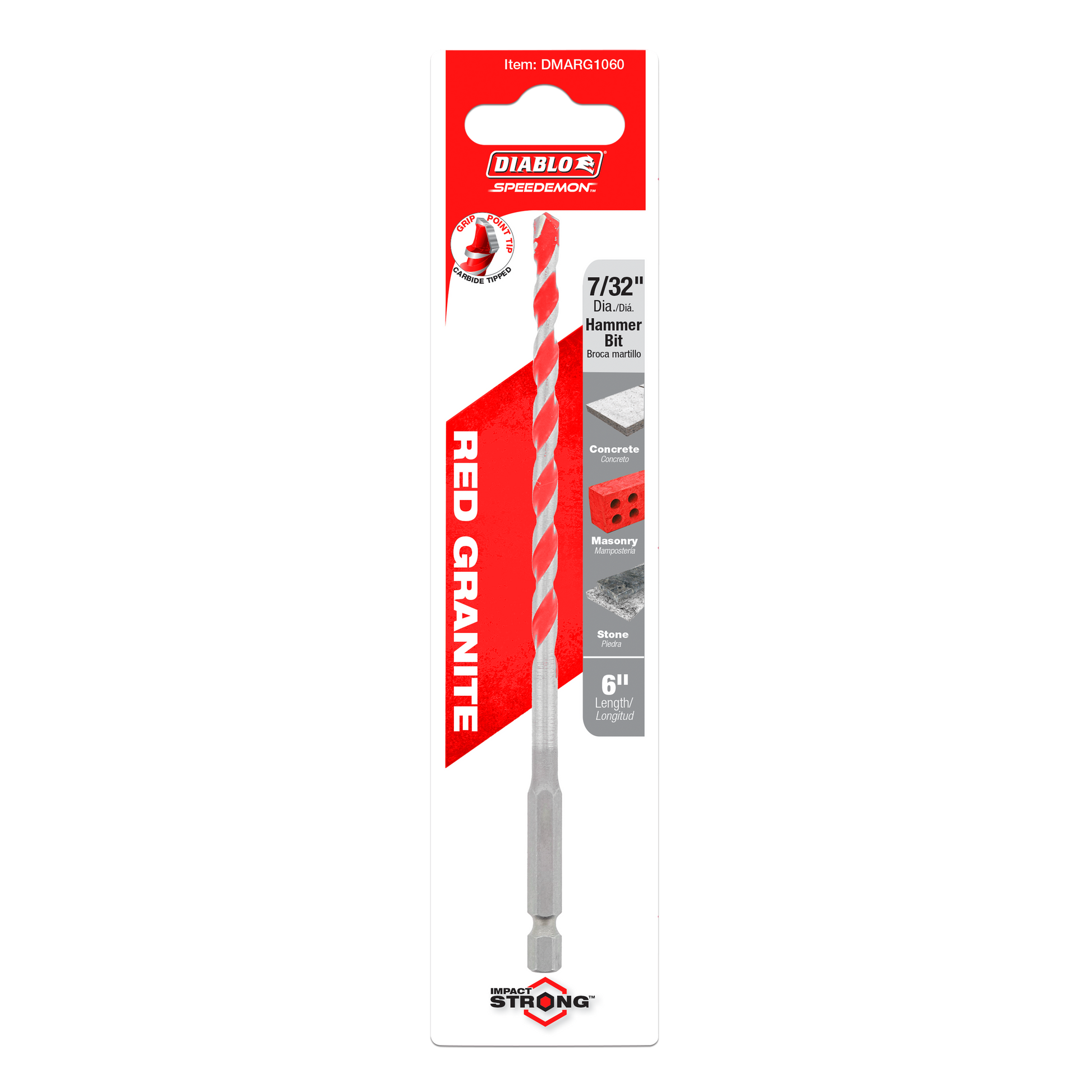 Red and gray Diablo SPEEDemon hammer drill bit with carbide tip, 7/32 inch diameter, 6 inch length, in retail packaging.