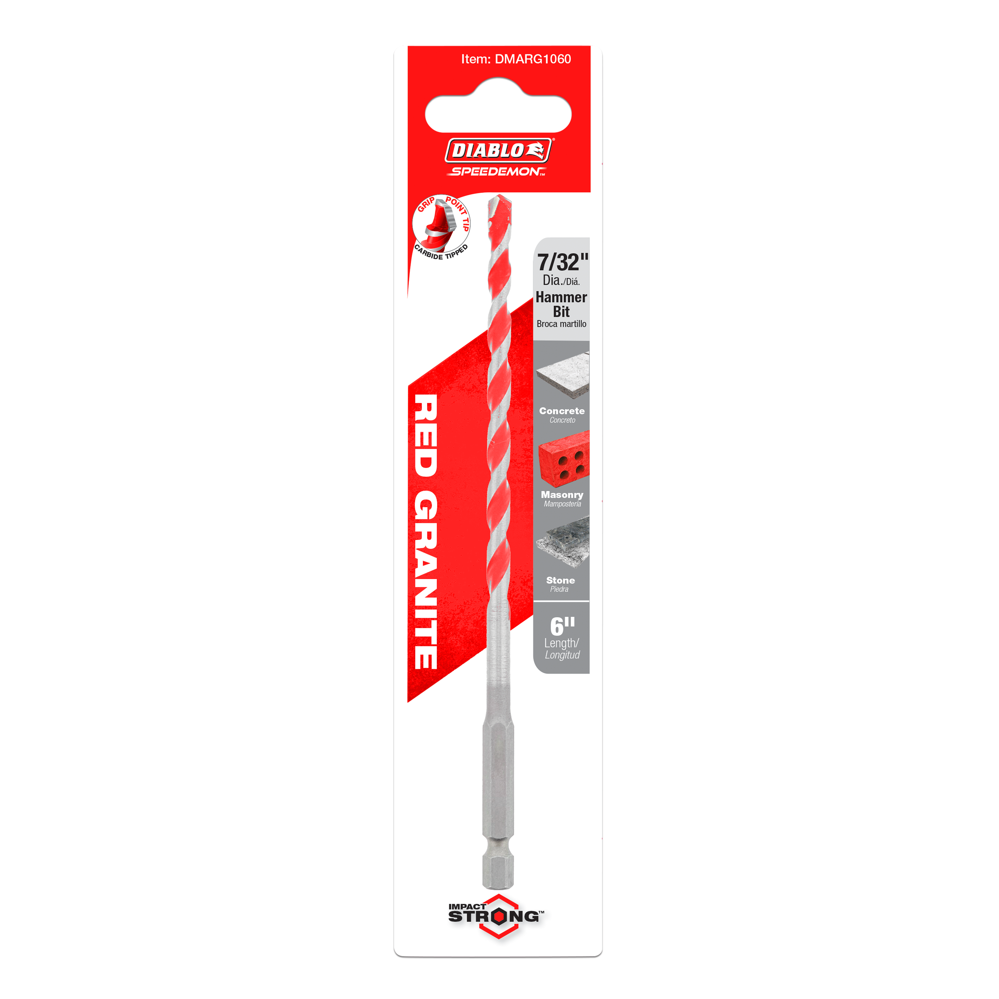 Red and gray Diablo SPEEDemon hammer drill bit with carbide tip, 7/32 inch diameter, 6 inch length, in retail packaging.