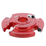 Red and pink router cutter head with curved cutting blades and central mounting hole.
