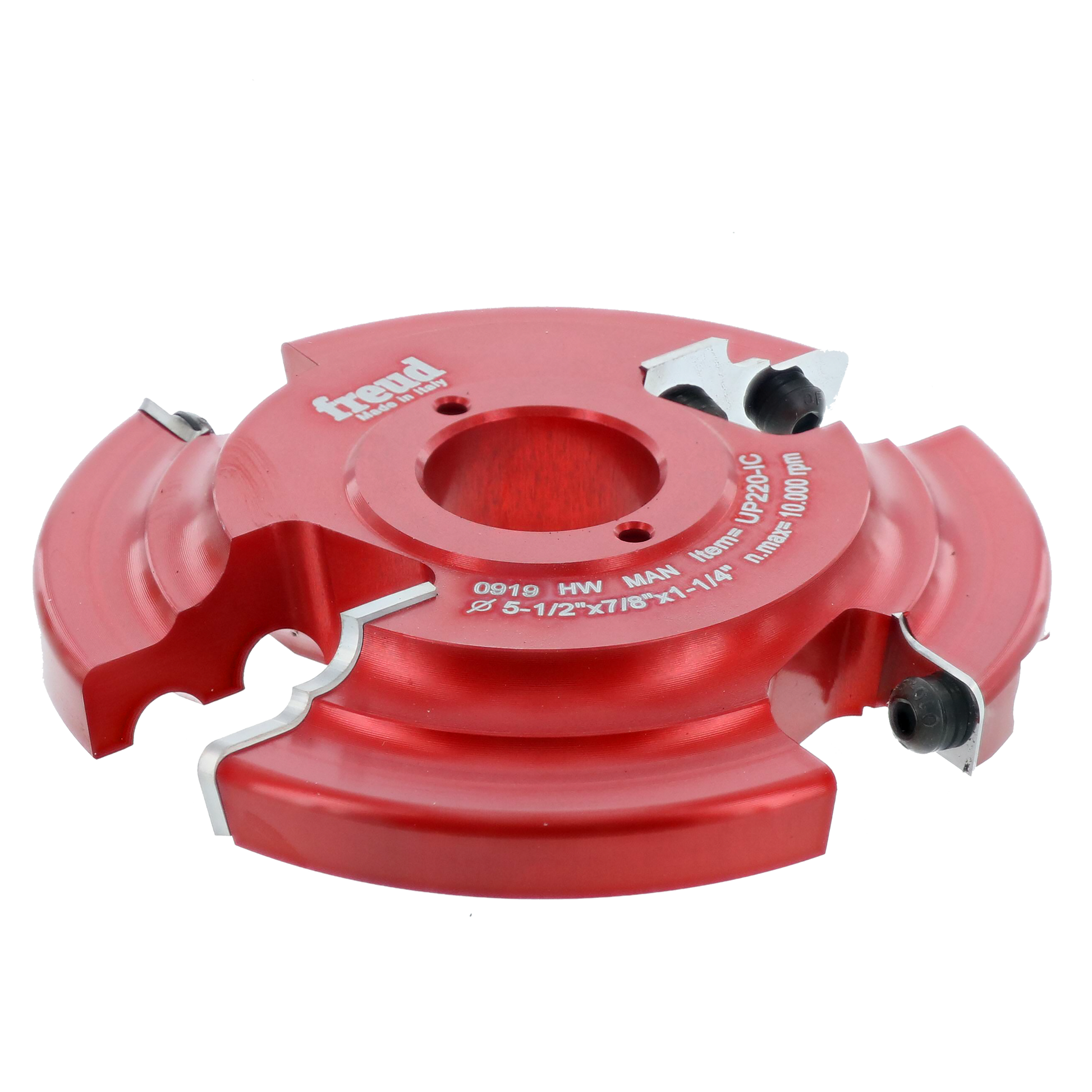 Red and pink router cutter head with curved cutting blades and central mounting hole.