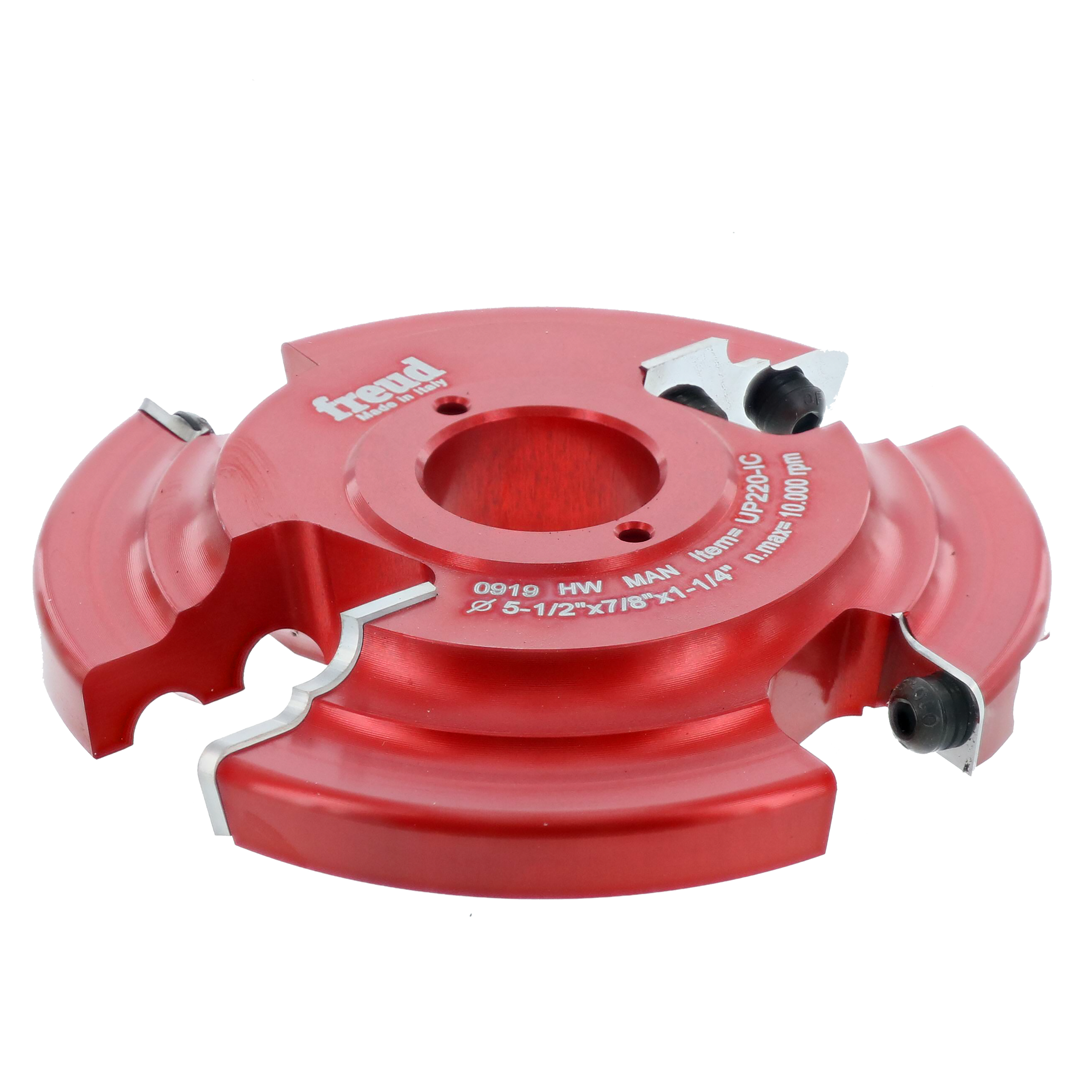 Red and pink router cutter head with curved cutting blades and central mounting hole.