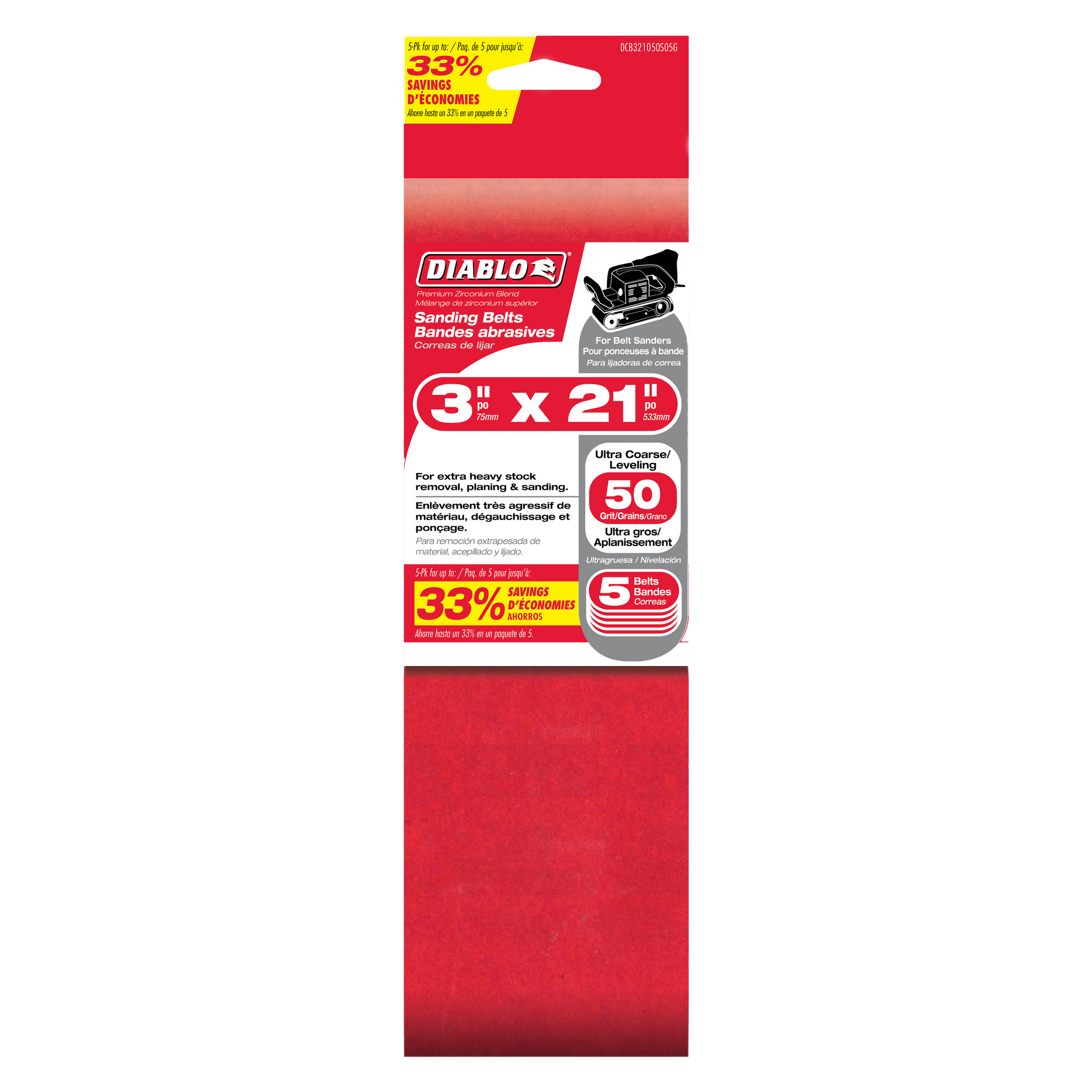 Five Diablo 3" x 21" sanding belts with 50 grit coarseness in red packaging with product details and 33% savings banner.