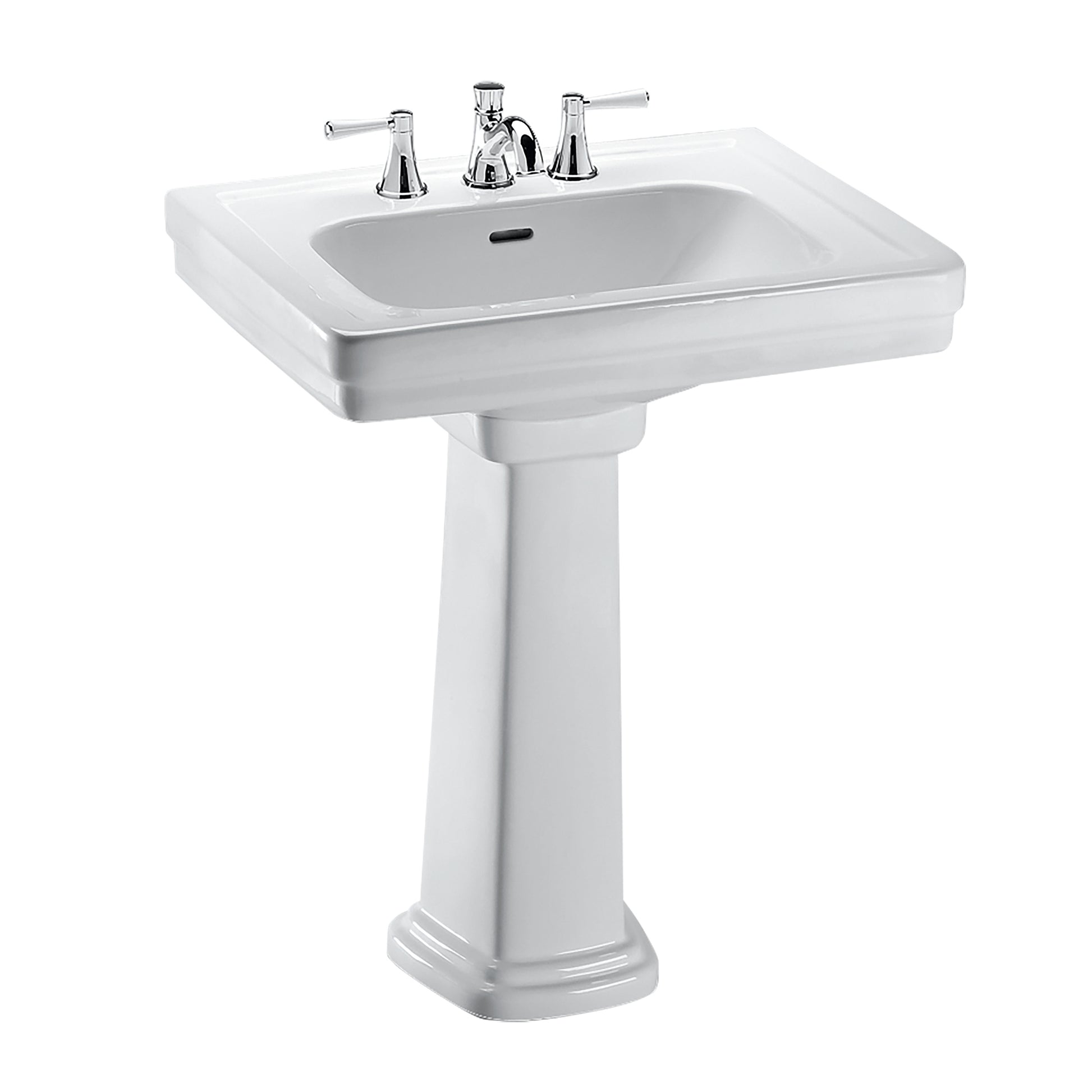 White rectangular pedestal sink with chrome faucet and handles mounted on basin.